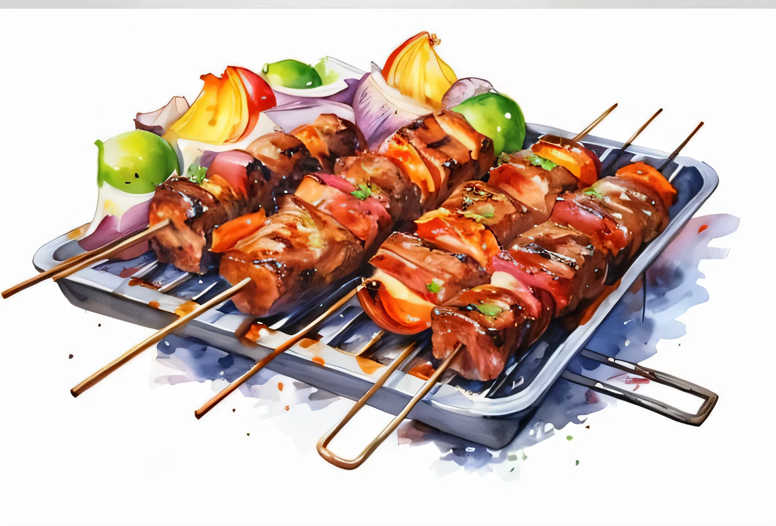 there are Strings of meat and vegetables on a roast, String, roast, 烧roast, roast肉String, Watercolor painting style, amazing food illustration, watercolor realistic, roasts, Very realistic, very Very realistic, High quality watercolor painting, watercolor digital painting, Unusual watercolor artwork, author:Andrei Voblevsky, author:Pal Balkay, extremely high quality art