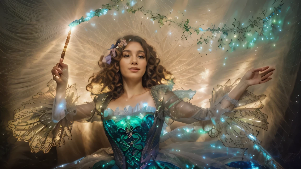 forest fairy with a magic wand in her hand, beautiful good fairy with wings, magic, flickering, (Realistic), smile on her face, the intricately patterned wand in her hand glows)
