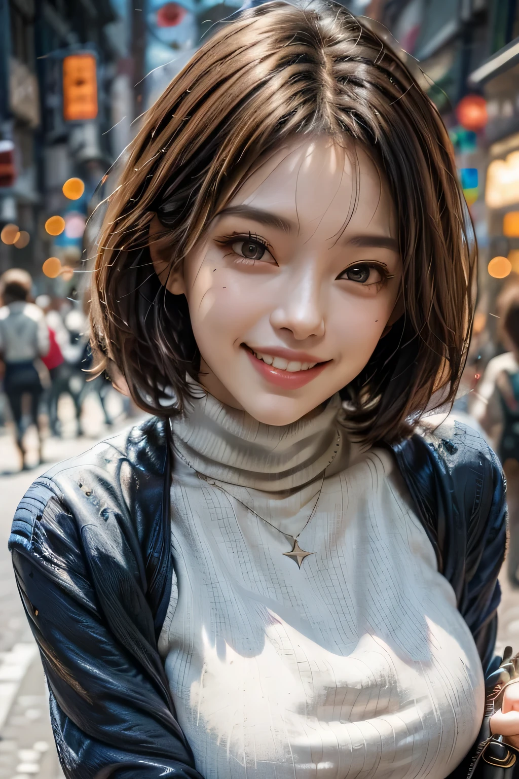 8k, RAW photo, highest quality, masterpiece, realistic, Photoreal, (1 Ultimate beauty), middle aged, highly detailed face, detailed eye, star shaped eyes, 二重eyelash, eyelash, grin and laugh, beautiful teeth, lip details, brunette bob, big breasts, (long turtleneck sweater), ((brown mini skirt)), ((wearing a blue down coat)), cowboy shot, Koen-dori in Tokyo, soft light, ((Depth of written boundary)) 