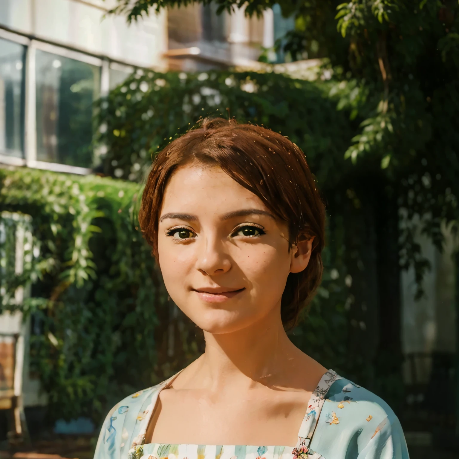 girl,medium:oil painting,detailed face and eyes,flowing dress,standing in a blooming garden,soft sunlight,serene expression,vibrant colors,subtle shadows,highres,happiness