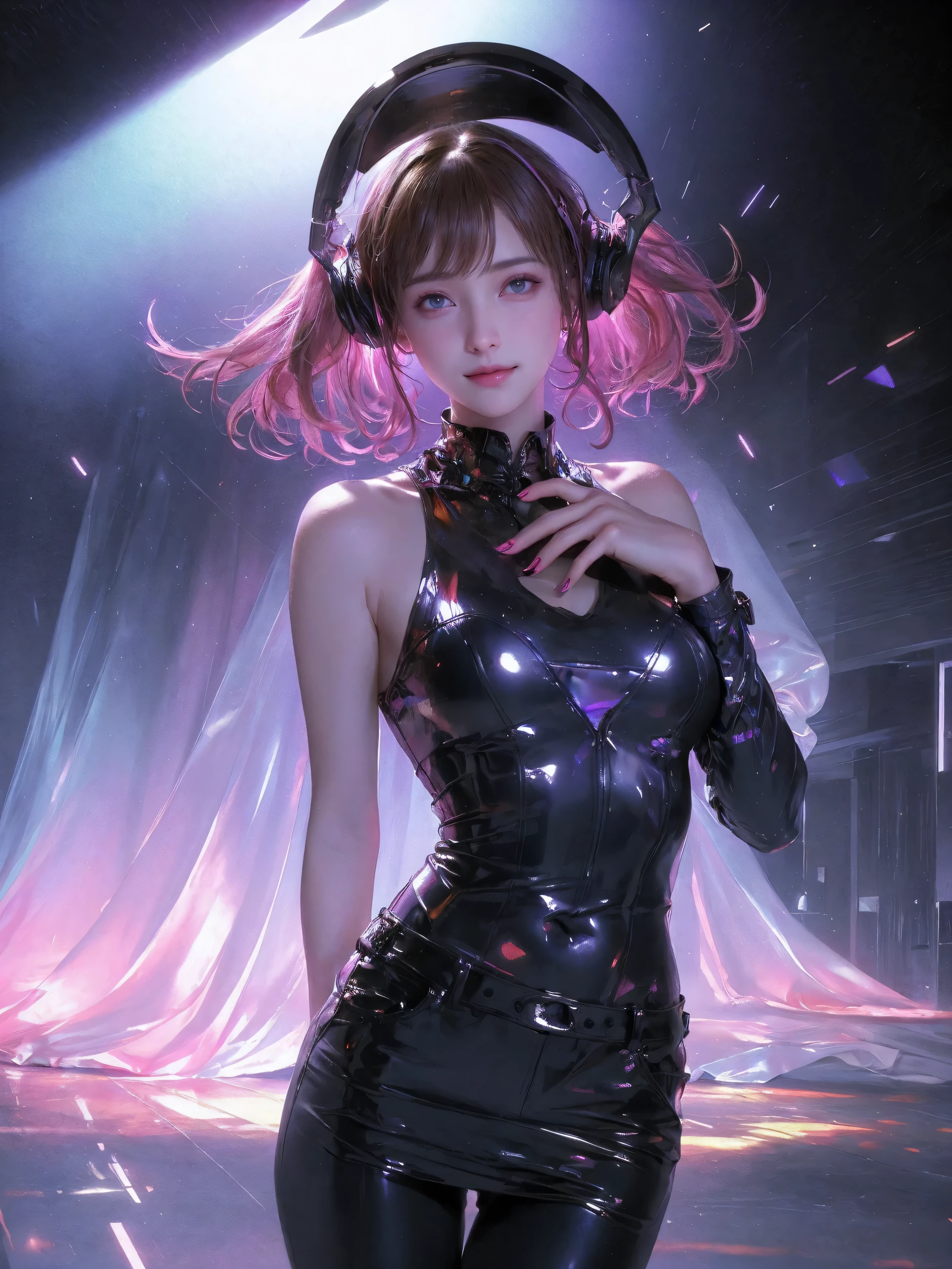 Upper body, Female DJ, colorful clothes , strange, Vibrant look, Playful accessories, creative act, Imaginative, Sensual, spontaneous, DJ headphones, Mixer, Music Club, nightclub, Indie Theatre, People dancing on dance floor background, Underground ballroom, best quality, Texture, intricate details, (movie lighting), original photo, 8k
