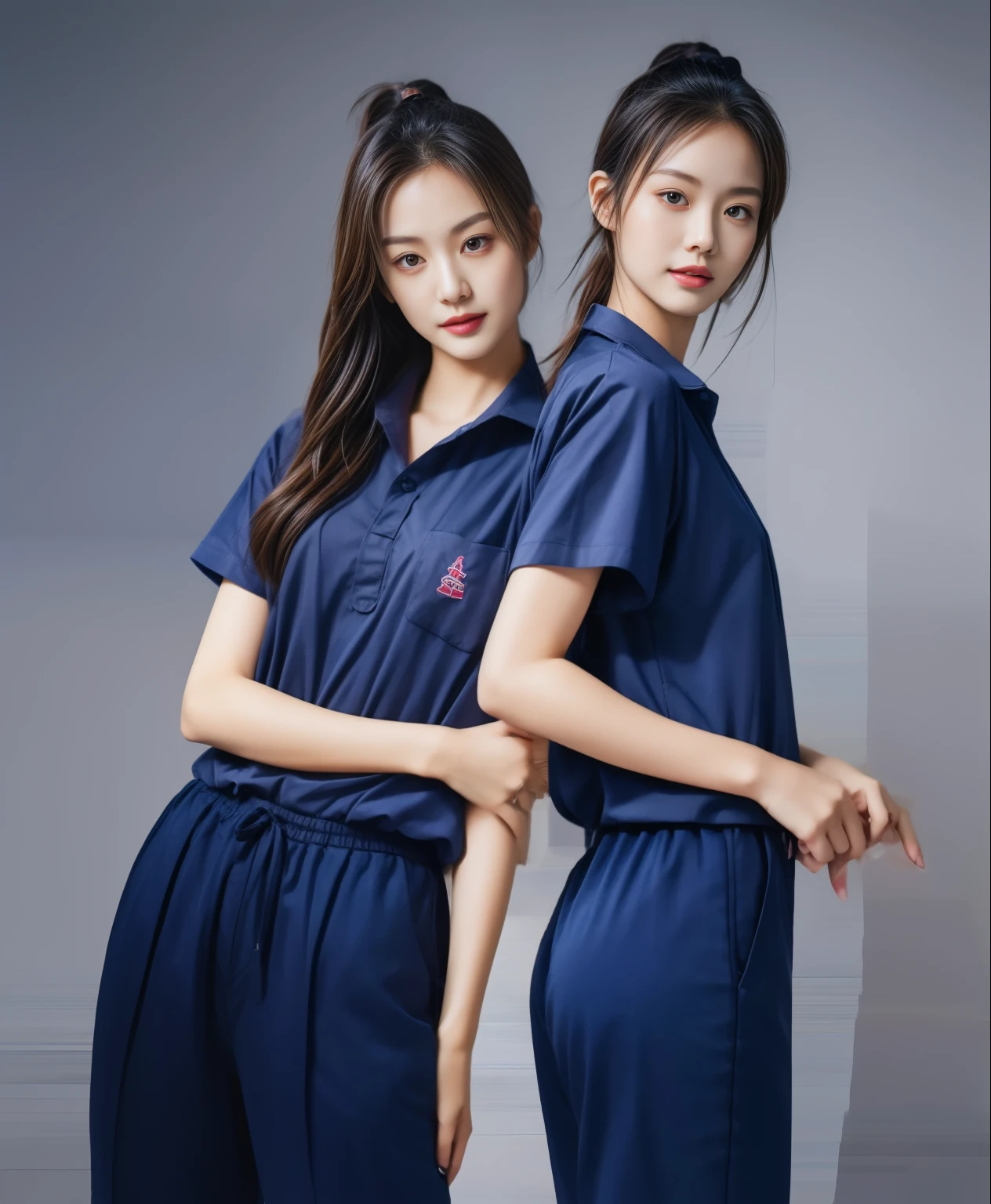 (best quality,10,10,height,Masterpiece:1.2),Special details,(realistic,ภาพrealistic,Realistic photos:1.37),1 Cute girl in the kitchen,shiny, ผิวshiny,only,smile softly,BDclothelue shirt:1.3)),short sleeve,shirt, กางเกงขาlong.,(navy_long_track pants:1.1), ((Kitchen Background)),Dynamic angle,excited,Face focus,dynamic poses,from behind,focus on ass,Masterpiece, best quality, ultra realistic, hyper-detail, 8K resolution, raw photos, Sharp focus, ((Navy blue shirt:1.1)), short sleeve, เส้นทางlong, perfect body, 2 mature women, 18 years old, Cinema-grade lighting system,blue sweatpants,shirtผ้าออกกำลังกาย,correct anatomy,perfect body, correct body, Sharp face, correct bodyทางกายวิภาค, full body, realistic gestures, long-haired, realistic poses,Wear long shorts...........................,ช่วงขาlong,Good shape,carved girl, Slender figure, model, Good shape, beautiful body,blue sweatpants, two girls kissing