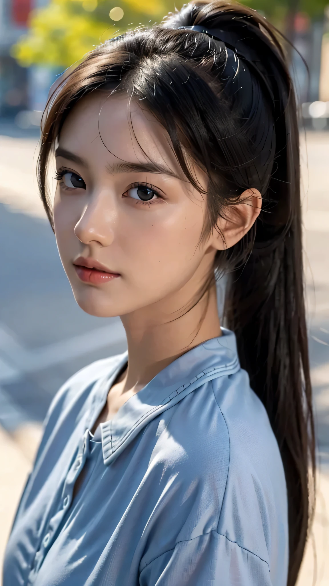 One woman,fully body photo,masutepiece, The highest image quality, High quality, the background is clear，Beautiful woman, Japanese, Detailed, Detailed eyes, Detailed skin, Beautiful skin, 超hight resolution, (reality: 1.4),Very beautiful woman, Slightly younger face, Beautiful skin, slender, (Ultra photo realsisim), (hight resolution), (8K), (Very detailed) (beautifully detailed eyes), (super detailed),   (Detailed face), view the viewer, Fine details, Detailed face, Staring straight ahead, Staring straight ahead, photos realistic, Bright lighting, Professional Lighting, Black hair,poneyTail,a baby face,sixteen years old,Hairstyle is ponytail,long ponytail hairstyle,slight smile,wearing Casual clothing,the street europian,commercial filming