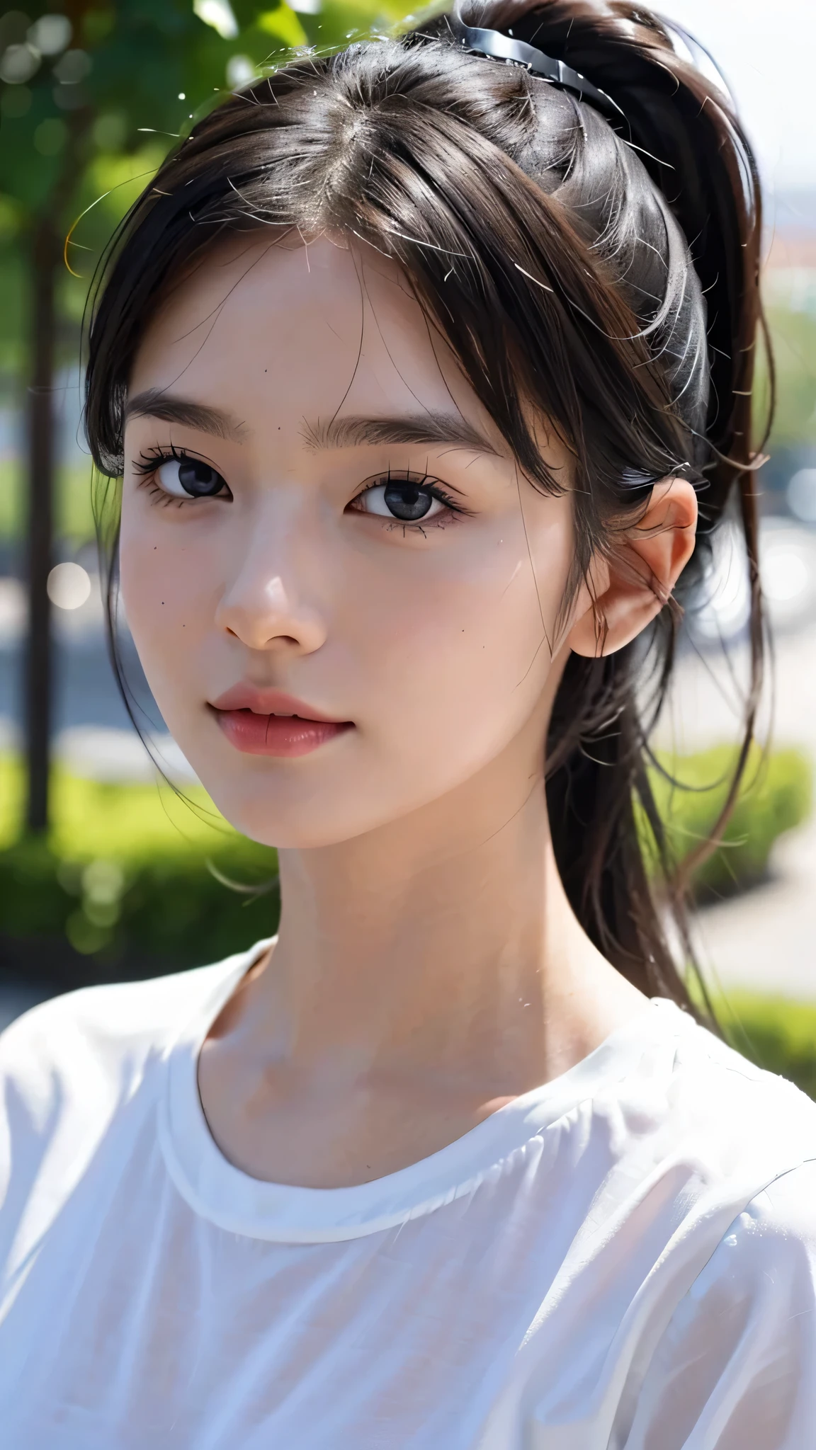One woman,fully body photo,masutepiece, The highest image quality, High quality, the background is clear,Beautiful woman, Japanese, Detailed, Detailed eyes, Detailed skin, Beautiful skin, 超hight resolution, (reality: 1.4),Very beautiful woman, Slightly younger face, Beautiful skin, slender, (Ultra photo realsisim), (hight resolution), (8K), (Very detailed) (beautifully detailed eyes), (super detailed), (Detailed face), view the viewer, Fine details, Detailed face, Staring straight ahead, Staring straight ahead, photos realistic, Bright lighting, Professional Lighting, Black hair,poneyTail,a baby face,sixteen years old,Hairstyle is ponytail,long ponytail hairstyle,slight smile,wearing Casual clothing,the street europian,commercial filming