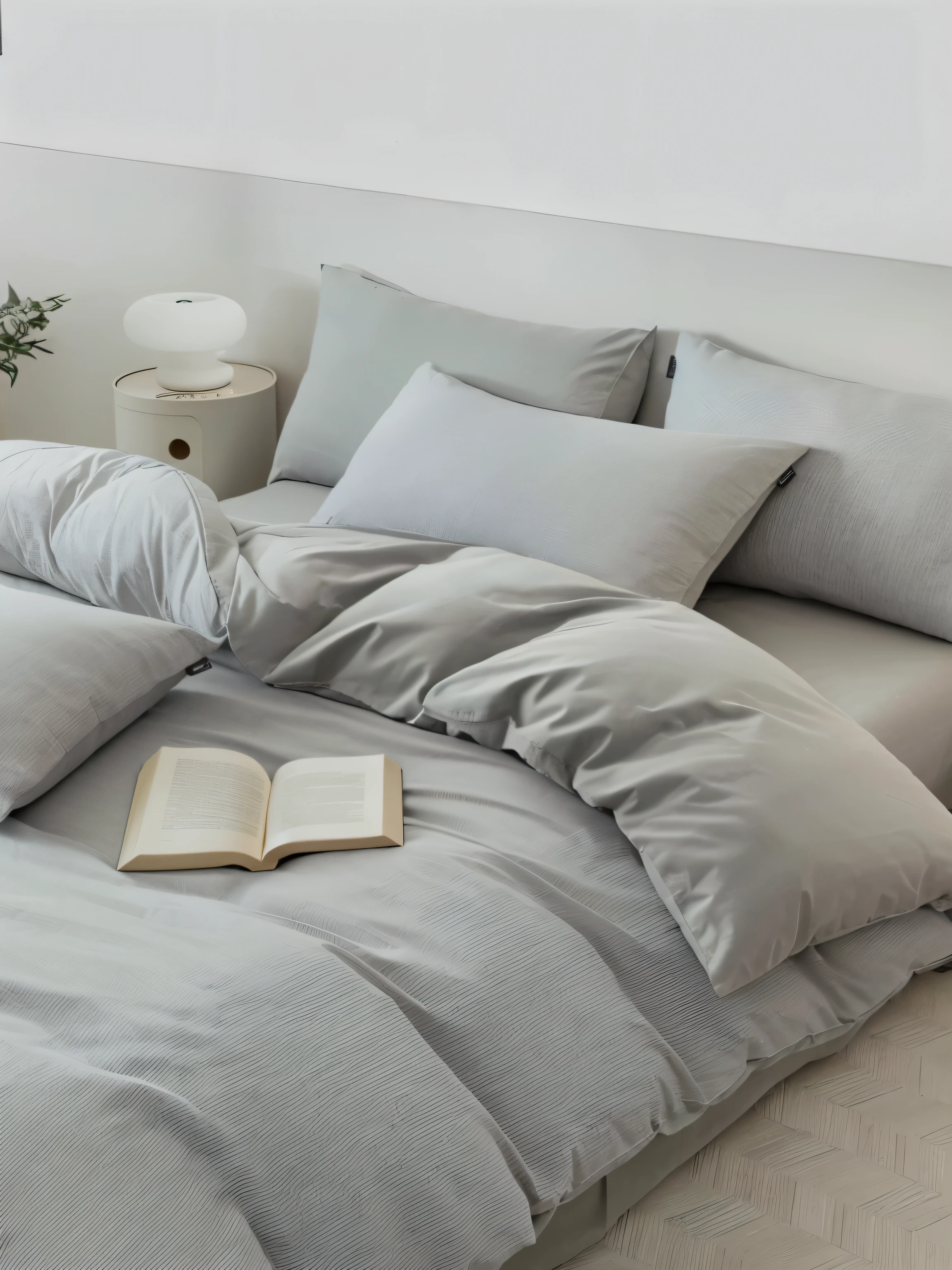 there is a book on a floor with a pillow and a lamp, Designed for comfortable aesthetics!, cozy floor, grey, light grey, floor, large comfy floor, solid grey, grey canvas, un made floor, Very comfortable], flat grey color, solid grey, grey, Dreamy, blue grey, soft. high quality, grey color, Good night, flat grey, monochrome