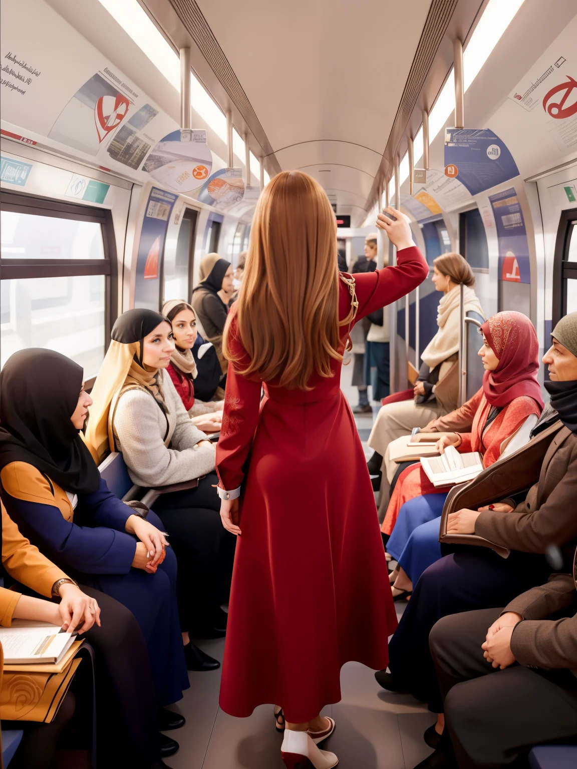 Araffe-Frau im roten Kleid in der U-Bahn mit anderen Menschen, True to Egyptian tradition, wunderbares Meisterwerk, in einer U-Bahn, That's nice, interessante komposition, Beautiful masterpiece, sehr, very nice art, sehr ausdrucksvoll, Setzte mich in den Zug Aile, very sehr, very nice art, great woman, Beautiful burqa woman, sehr attraktiv, Intensives Wissen