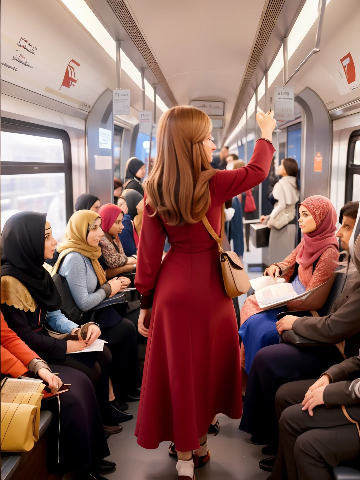 Araffe-Frau im roten Kleid in der U-Bahn mit anderen Menschen, True to Egyptian tradition, wunderbares Meisterwerk, in einer U-Bahn, That's nice, interessante komposition, Beautiful masterpiece, sehr, very nice art, sehr ausdrucksvoll, Setzte mich in den Zug Aile, very sehr, very nice art, great woman, Beautiful burqa woman, sehr attraktiv, Intensives Wissen