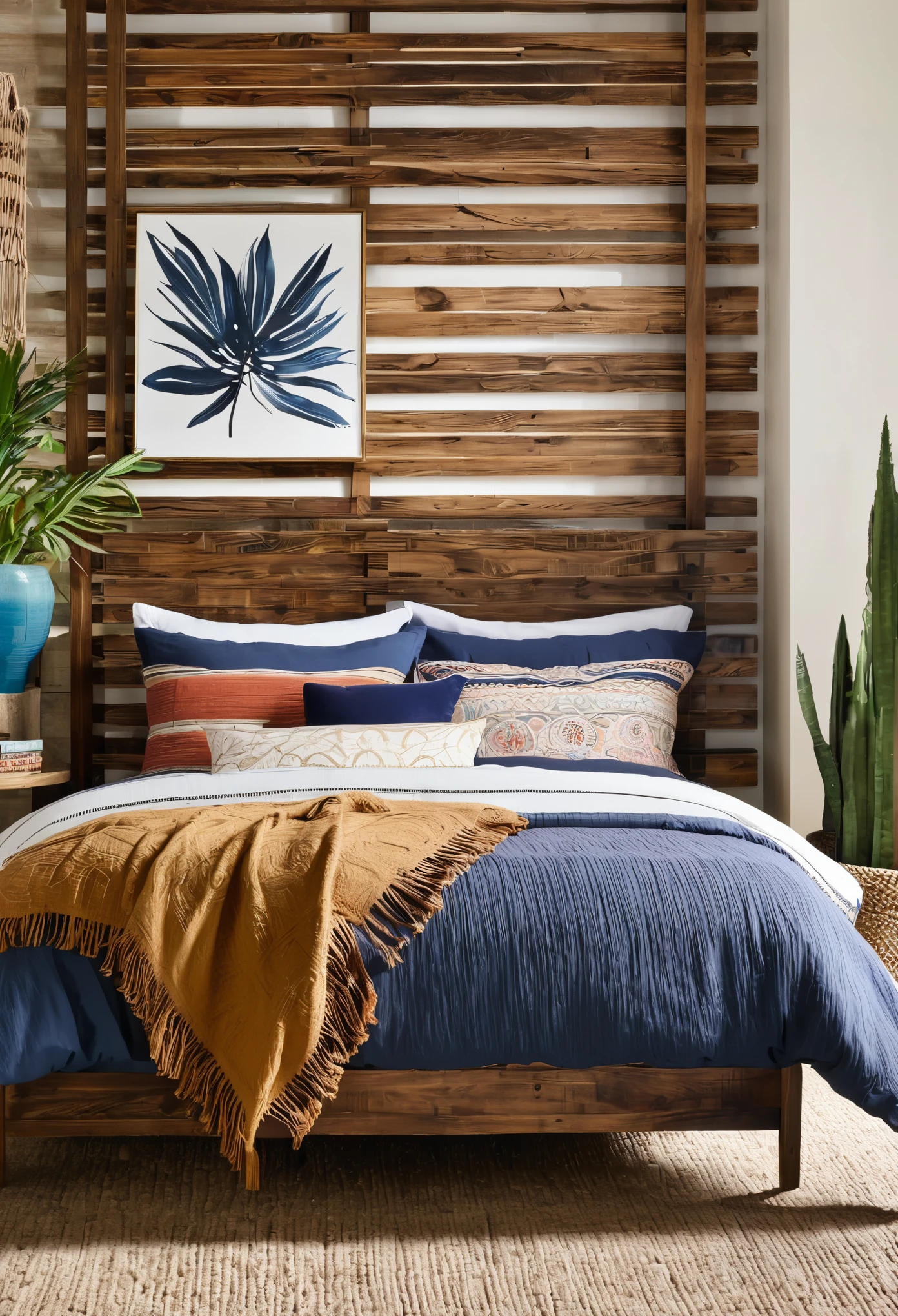 Boho chic style bedroom with slatted panel headboard