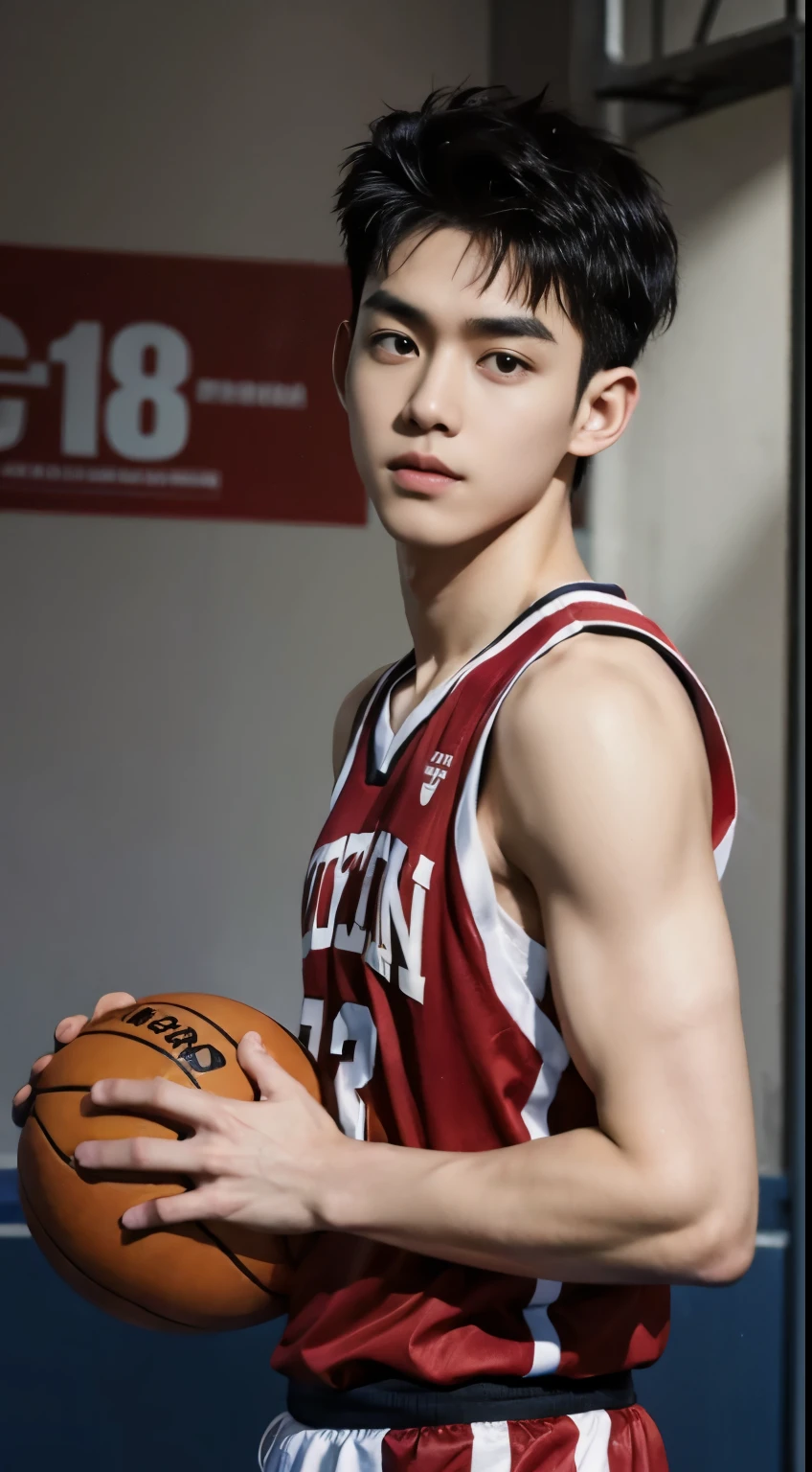 A young boy playing basketball（18 years old）
