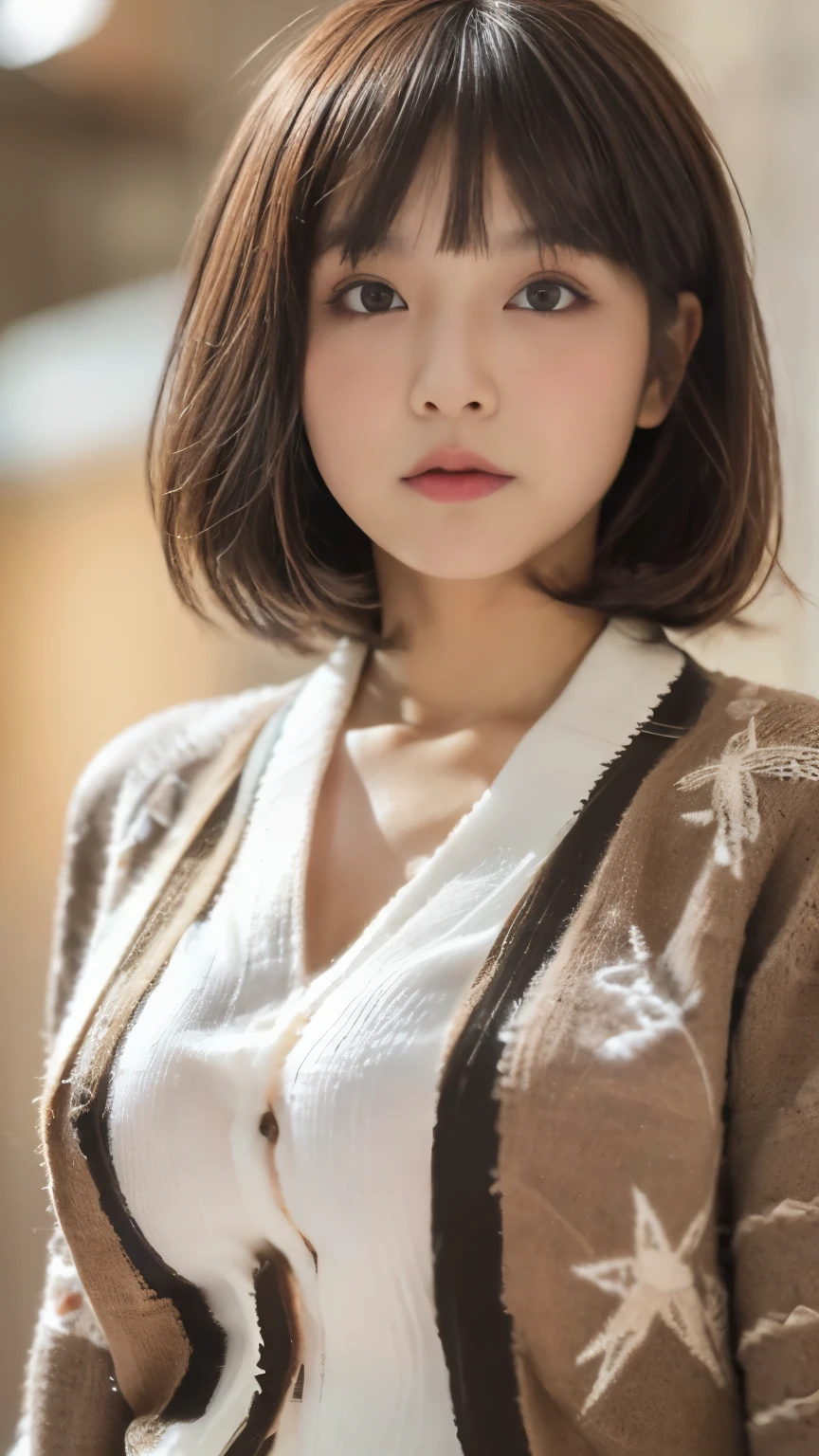 (((1girl)))((best qualtiy, 8K, tmasterpiece:1.3)),((Sharp:1.2, perfect figure beautiful woman:1.4, Slim abs:1.2)), ((Layered Hair Style, huge tit:1.3)),((Highly detailed facial and skin texture，A detailed eye，Black eye,double eyelid, droopy eyes)),(japan girl:1.5)(Brown Hair,Bob Cut)(Cardigan:1.8),(in ber:1.3)(from below:1.5)