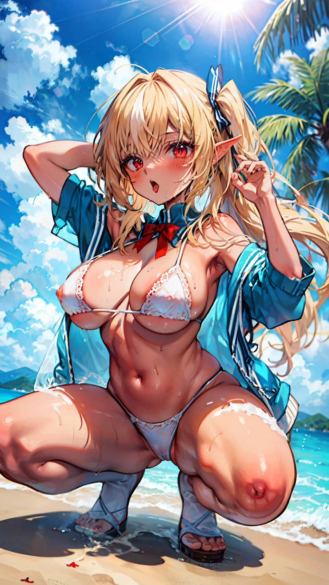 ((highest quality, High resolution,  perfect pixel, Depth of written boundary, 4k, 1 female,  beautiful anime woman、A beautiful girl about the age of a high **************)), 
close, ,
perfect body, 
 hololive, Shiranui Flare  , (長いnipple, nipple、突き出たnipple、wet white lace micro bikini、exposing vagina、白いレースつきマイクロビキニから見えるnipple,Super detailed、White micro bikini that slides down)、blush, open your mouth，Drool、
beach, sunlight,  
squat、from below, throw，M-shaped spread legs