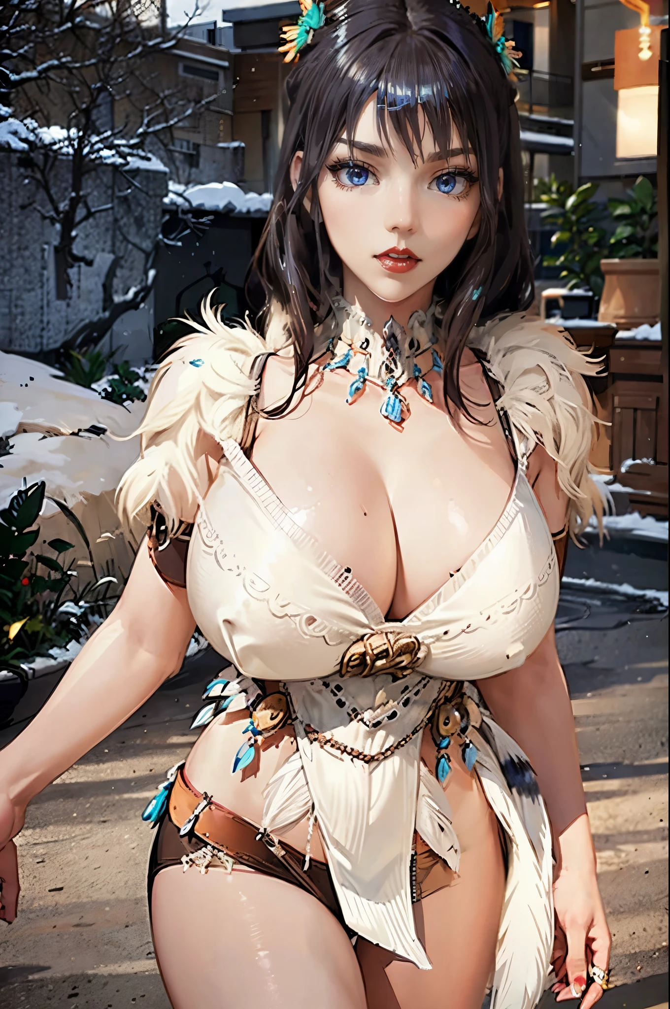 masterpiece, best quality, kayna, headdress, feathers, tribal, bikini armor, (huge breasts:1.2), vambraceicro bikini:1.4), tattoo, bodypaint, standing, looking at viewer, upper body, smile, beach, sky, clouds