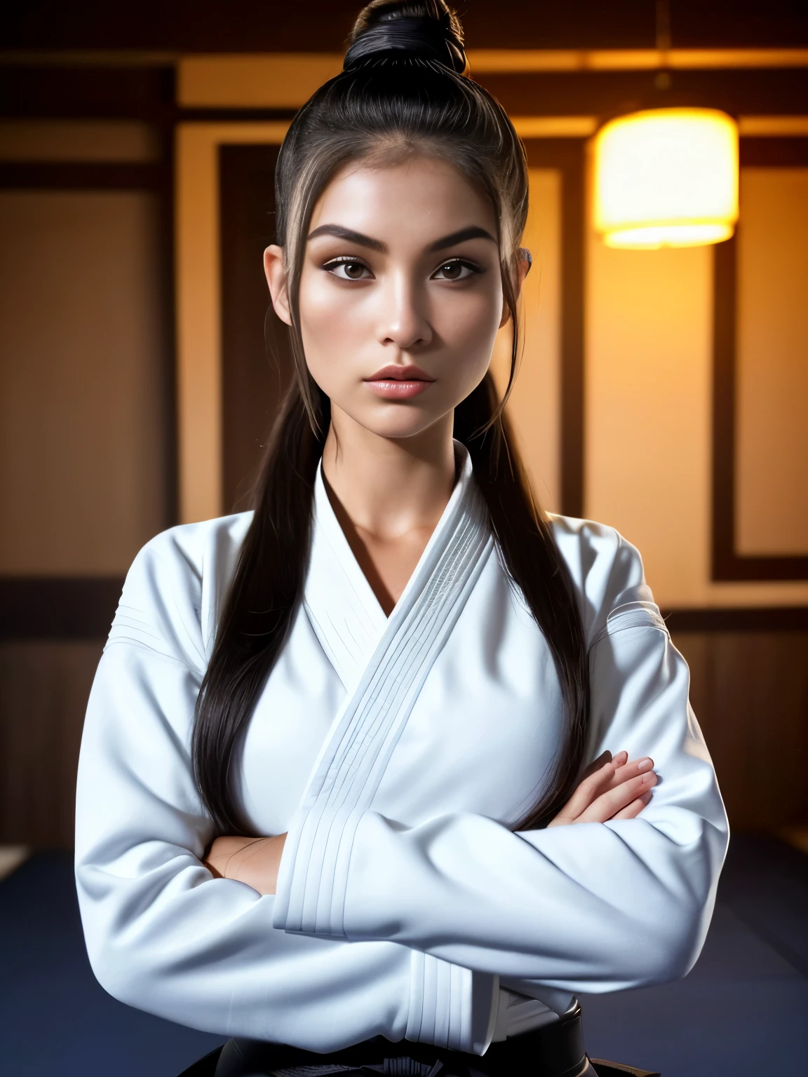 1girl in, 30 years old, Square face, Long hair, Looking at viewer, jewelry, Reality, Sexy, sexy karate uniform, karate dojo , free pose