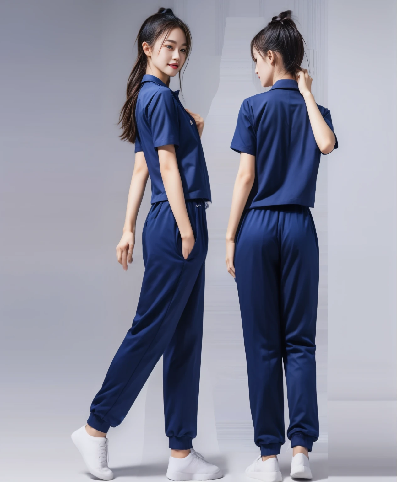 (best quality,10,10,height,Masterpiece:1.2),Special details,(realistic,ภาพrealistic,Realistic photos:1.37),1 Cute girl in the kitchen,shiny, ผิวshiny,only,smile softly,BDclothelue shirt:1.3)),short sleeve,shirt, กางเกงขาlong.,(navy_long_track pants:1.1), ((Kitchen Background)),Dynamic angle,excited,Face focus,dynamic poses,from behind,focus on ass,Masterpiece, best quality, ultra realistic, hyper-detail, 8K resolution, raw photos, Sharp focus, ((Navy blue shirt:1.1)), short sleeve, เส้นทางlong, perfect body, 2 mature women, 18 years old, Cinema-grade lighting system,blue sweatpants,shirtผ้าออกกำลังกาย,correct anatomy,perfect body, correct body, Sharp face, correct bodyทางกายวิภาค, full body, realistic gestures, long-haired, realistic poses,Wear long shorts...........................,ช่วงขาlong,Good shape,carved girl, Slender figure, model, Good shape, beautiful body,blue sweatpants, two girls kissing