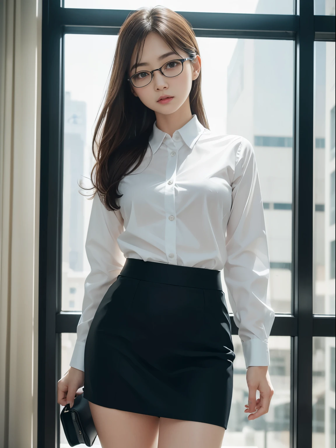 alone、solo、OL in her 20s in office uniform posing for a photo、victory、Tsundere、Single knot、OL、suit、blue mini skirt、anger、small、Glasses、slim girl model photo、physical:the smallest middle-aged man in history、female model、Japanese female fashion model、(8k、RAW photo、highest quality、masterpiece:1.2)、(real、photorealistic:1.37)、Super detailed、Ultra high definition、office Street、 standing position、whole body、((((SEXY)))