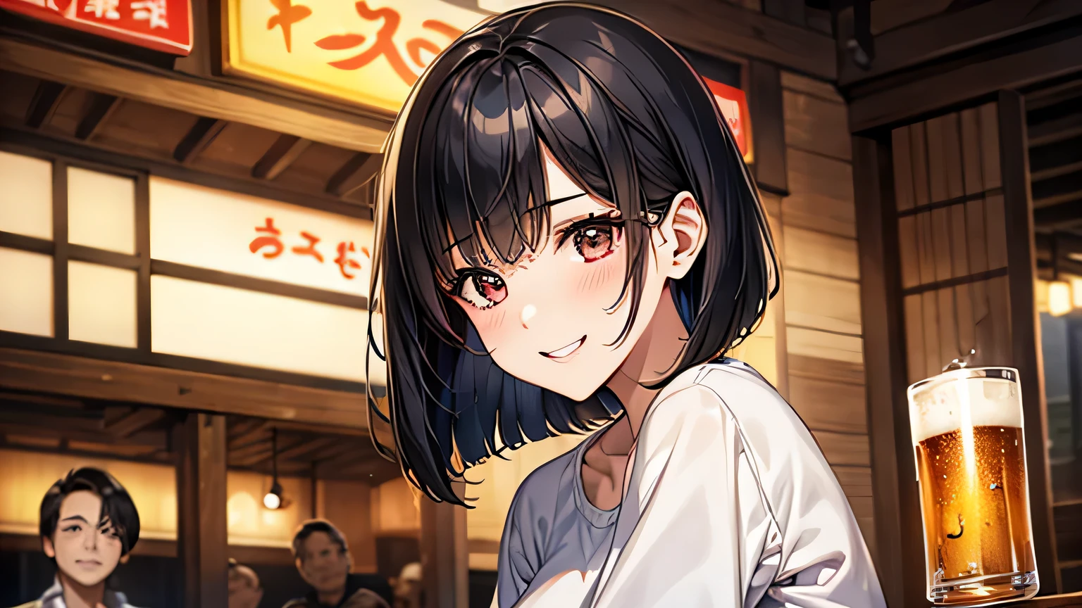 1 female、you are wearing a shirt、The camera shows her from the chest up..、face facing the camera、the camera is looking at her from the side、25 years old、company employee、Adult and realistic face、long face、beautiful hair, black hair、shortcut、bob cut、small breasts、dark and beautiful big slanted eyes、Are you okay、A big smile full of exhilaration、Raise the glass towards the camera with one hand、beer in a glass、red face、The background is a stylish izakaya