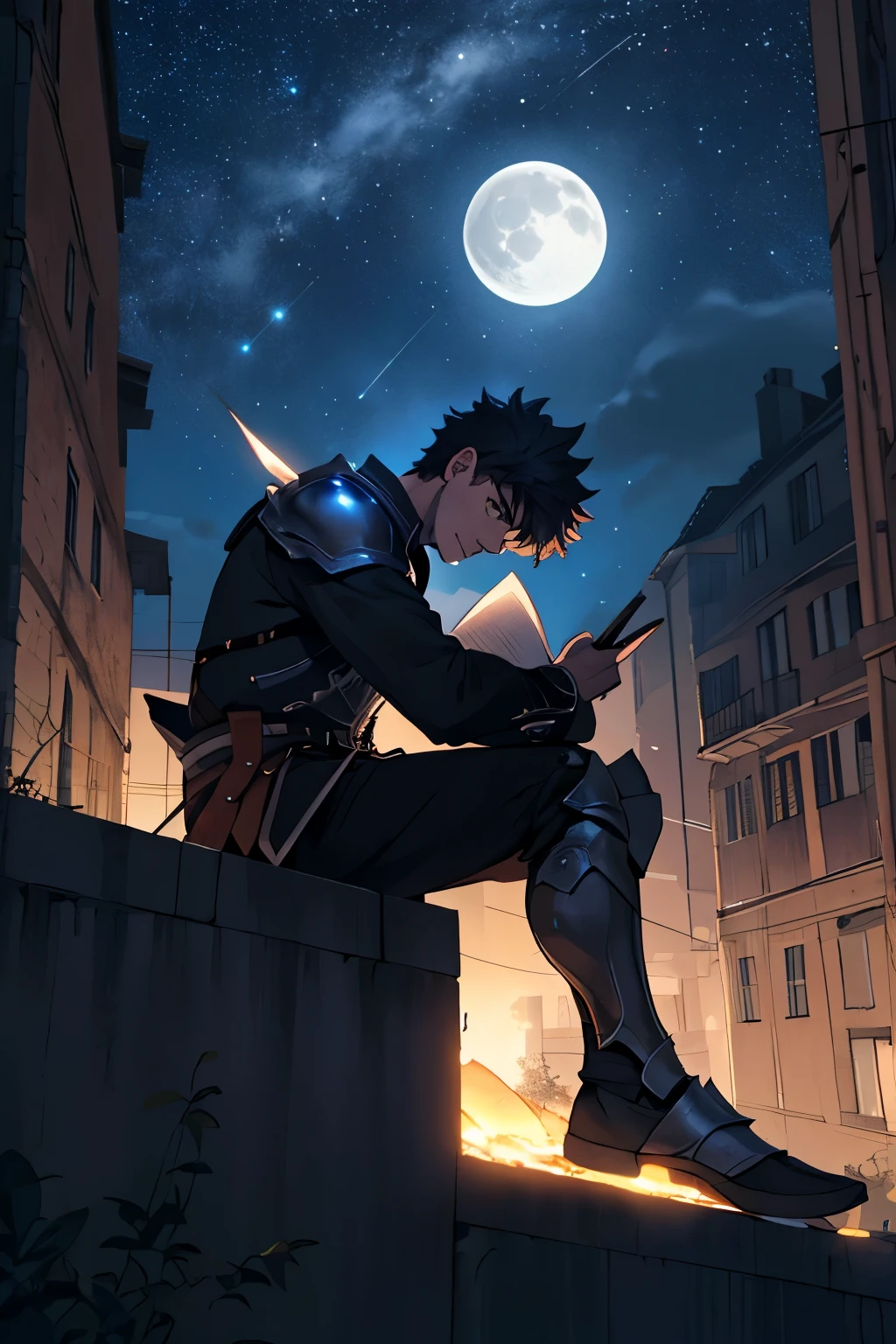 Desenhe um jovem estudante, sitting on top of a building. He is studying with a notebook, surrounded by several stars shining with fiery auras. Dramatic star lighting and the moon illuminates the scene, casting deep shadows on the black costume and armor. O jovem parece confiante e determinado, Looking at the vast and mysterious universe with wonder and respect,mascara da morte.