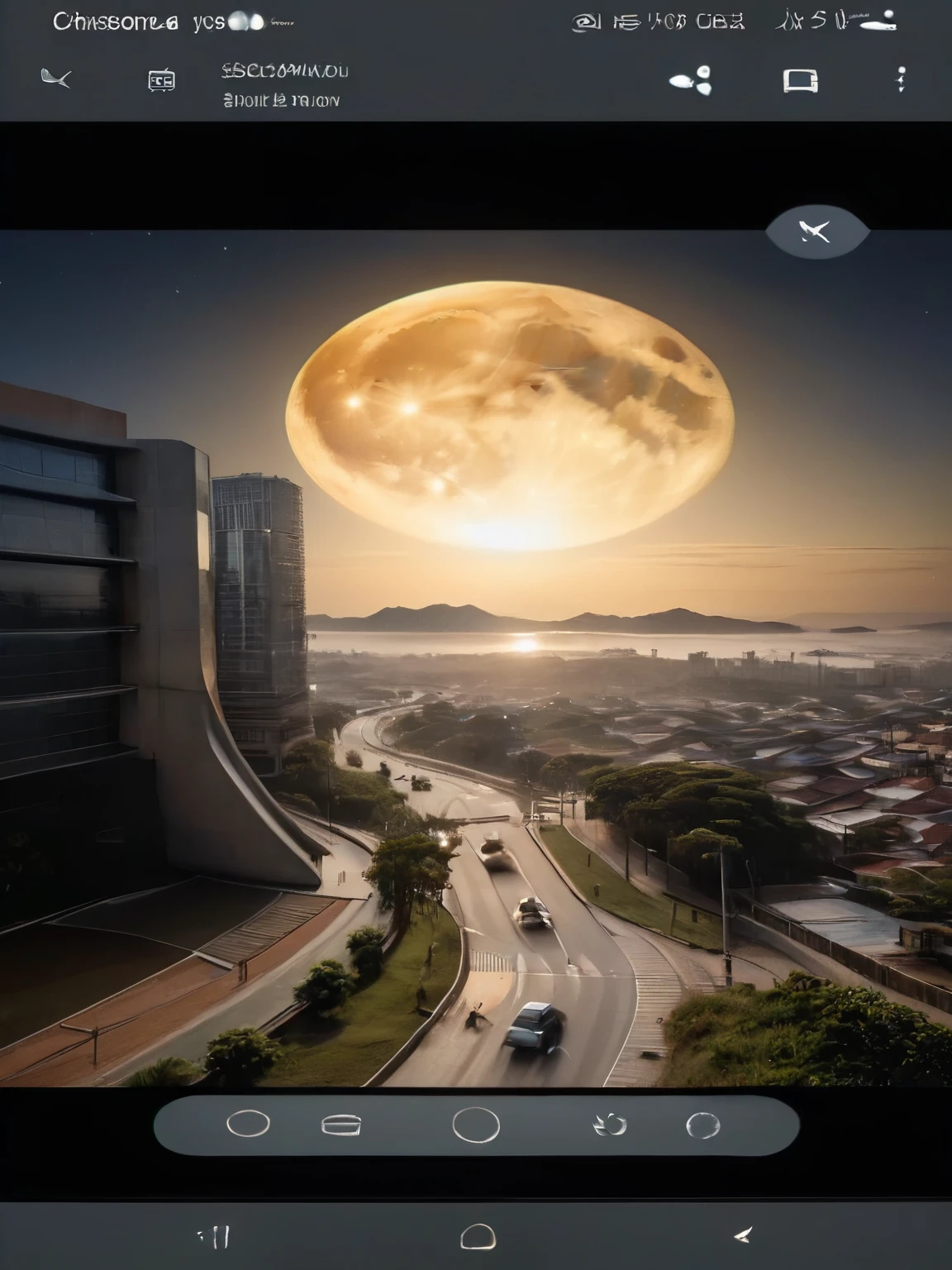 um close de uma rua com um carro passando, rua da cidade na lua, the moon is big and in the city, paisagem de lua de rua, lua gigante, cidade na lua, Super Lua Gigante, rua movimentada lunar, lua cheia grande, lua grande no fundo, lua crescente, Big moon in the sky, grande lua ao fundo