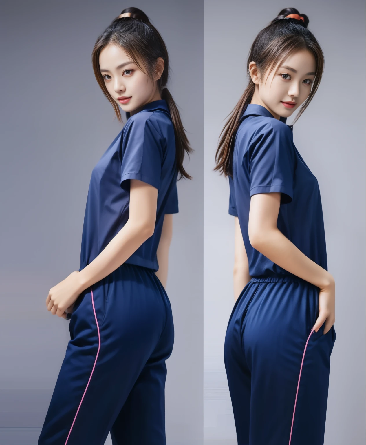 (best quality,10,10,height,Masterpiece:1.2),Special details,(realistic,ภาพrealistic,Realistic photos:1.37),1 Cute girl in the kitchen,shiny, ผิวshiny,only,smile softly,BDclothelue shirt:1.3)),short sleeve,shirt, กางเกงขาlong.,(navy_long_track pants:1.1), ((Kitchen Background)),Dynamic angle,excited,Face focus,dynamic poses,from behind,focus on ass,Masterpiece, best quality, ultra realistic, hyper-detail, 8K resolution, raw photos, Sharp focus, ((Navy blue shirt:1.1)), short sleeve, เส้นทางlong, perfect body, 2 mature women, 18 years old, Cinema-grade lighting system,blue sweatpants,shirtผ้าออกกำลังกาย,correct anatomy,perfect body, correct body, Sharp face, correct bodyทางกายวิภาค, full body, realistic gestures, long-haired, realistic poses,Wear long shorts...........................,ช่วงขาlong,Good shape,carved girl, Slender figure, model, Good shape, beautiful body,blue sweatpants, two girls kissing