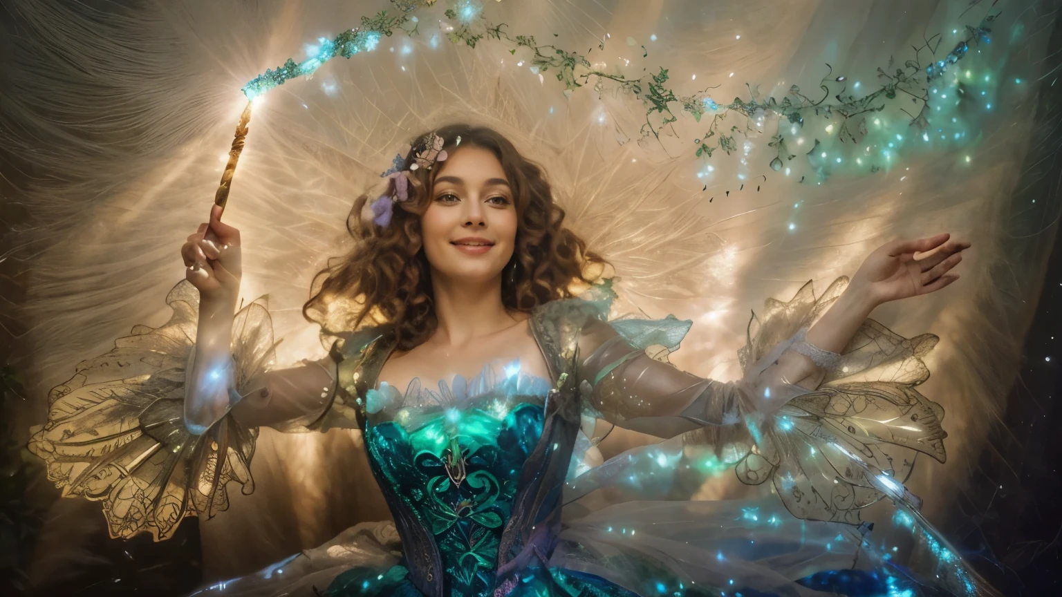 forest fairy with a magic wand in her hand, beautiful good fairy with wings, magic, flickering, (realistic), smile on her face, intricate patternagic wand in her hand glows)