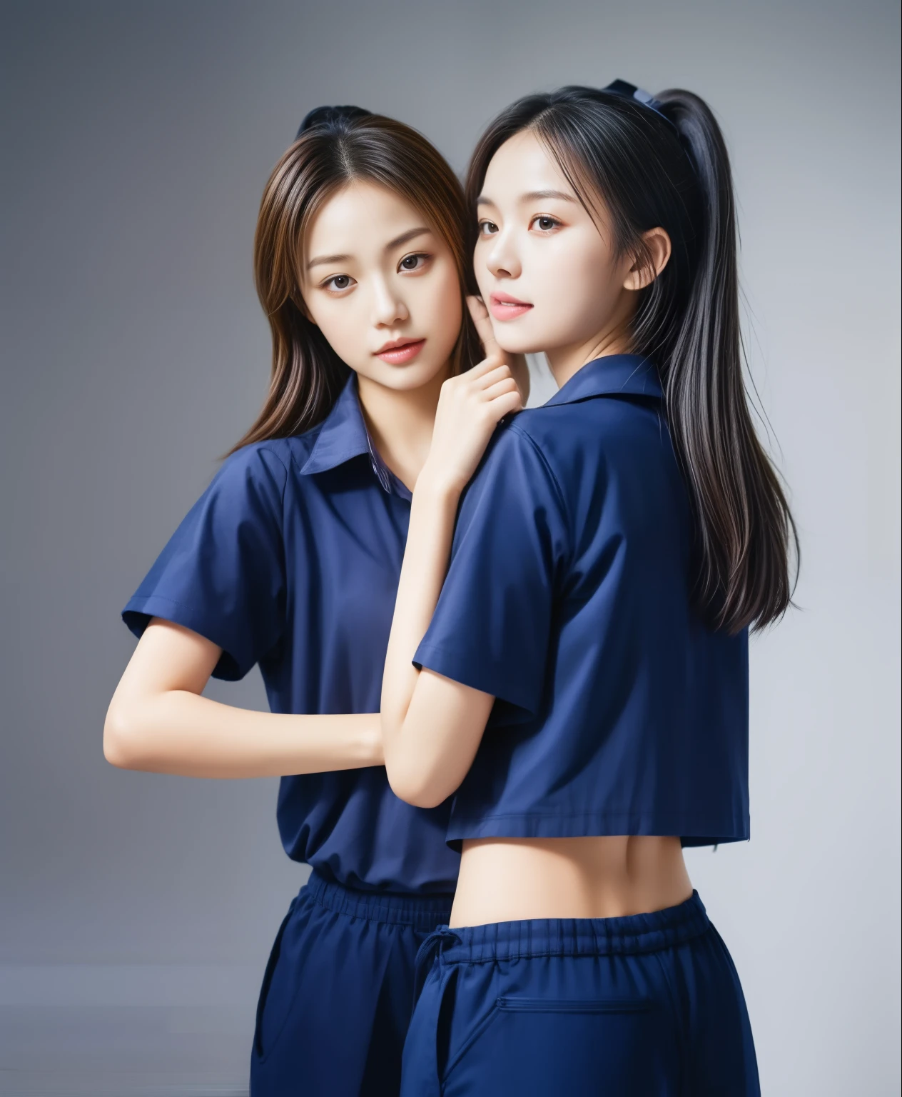 (best quality,10,10,height,Masterpiece:1.2),Special details,(realistic,ภาพrealistic,Realistic photos:1.37),1 Cute girl in the kitchen,shiny, ผิวshiny,only,smile softly,BDclothelue shirt:1.3)),short sleeve,shirt, กางเกงขาlong.,(navy_long_track pants:1.1), ((Kitchen Background)),Dynamic angle,excited,Face focus,dynamic poses,from behind,focus on ass,Masterpiece, best quality, ultra realistic, hyper-detail, 8K resolution, raw photos, Sharp focus, ((Navy blue shirt:1.1)), short sleeve, เส้นทางlong, perfect body, 2 mature women, 18 years old, Cinema-grade lighting system,blue sweatpants,shirtผ้าออกกำลังกาย,correct anatomy,perfect body, correct body, Sharp face, correct bodyทางกายวิภาค, full body, realistic gestures, long-haired, realistic poses,Wear long shorts...........................,ช่วงขาlong,Good shape,carved girl, Slender figure, model, Good shape, beautiful body,blue sweatpants, two girls kissing