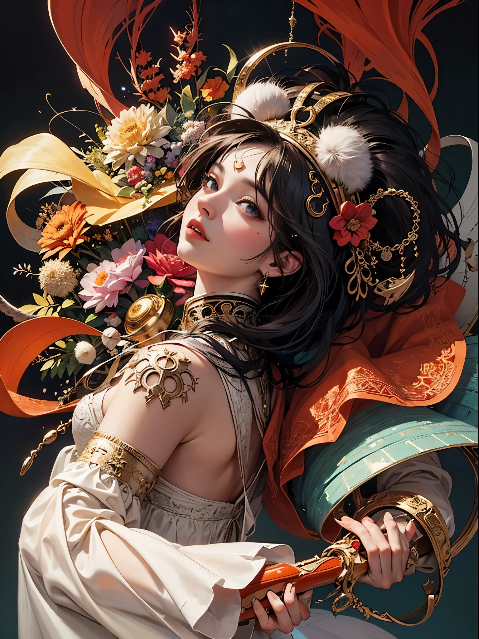 official art, unity 8k wallpaper, ultra detailed, beautiful and aesthetic, masterpiece, best quality, (zentangle, mandala, tangle, entangle), (fractal art:1.3) , 1girl, extremely detailed, dynamic angle, cowboyshot, the most beautiful form of chaos, elegant, a brutalist designed, vivid colours, romanticism, by james jean, roby dwi antono, ross tran, francis bacon, michal mraz, adrian ghenie, petra cortright, gerhard richter, takato yamamoto, ashley wood, atmospheric, ecstasy of musical notes, streaming musical notes visible