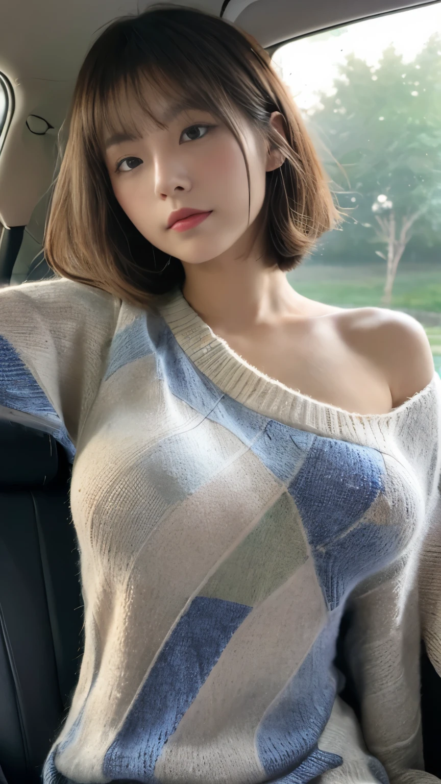 (((1girl)))((best qualtiy, 8K, tmasterpiece:1.3)),((Sharp:1.2, perfect figure beautiful woman:1.4, Slim abs:1.2)), ((Layered Hair Style, huge tit:1.3)),((Highly detailed facial and skin texture,A detailed eye,Black eye,double eyelid, droopy eyes)),(japan girl:1.5)(Brown Hair,Bob Cut)(Poncho style sweater:1.8),(in car:1.3)(from below:1.5)