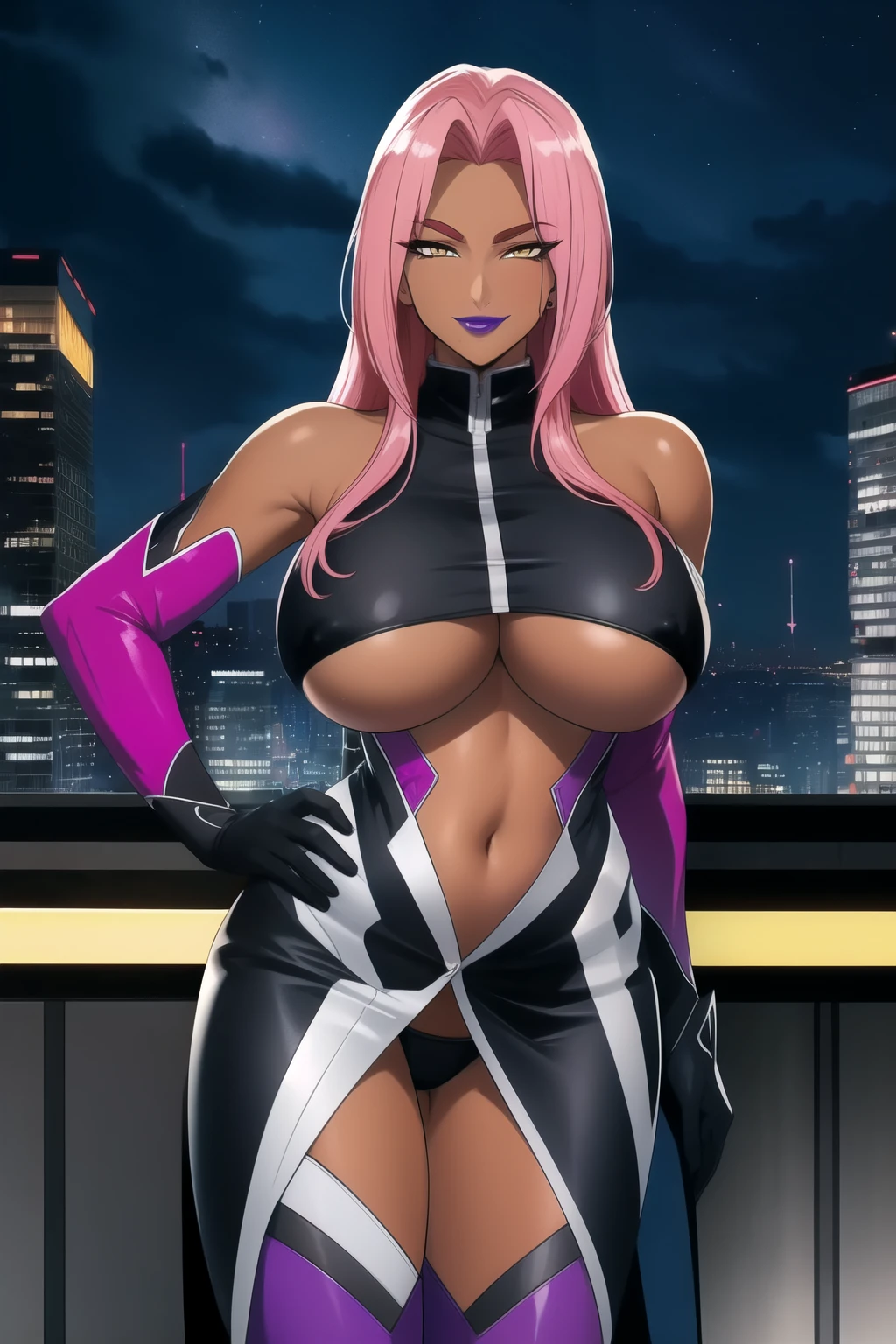 (high quality:1.1), intricate details, cinematic lighting, official art,
(Ingrid:1.1), dark-skinned female, (hand on own face:1.1), hand on hip, cowboy shot, close-up,
determined, smirk, (looking at viewer:1.1), seductive smile,
pink hair, long hair, hair intakes, makeup, purple lips, lipstick, thick eyebrows, mole under mouth, yellow eyes,
(helloutfit:1.1), underboob, elbow gloves, thigh boots, highleg panties, bare shoulders,
curvy, midriff, gigantic breasts, areola slip, (covered nipples:1.1),
night, night sky, rooftop, skyscraper,