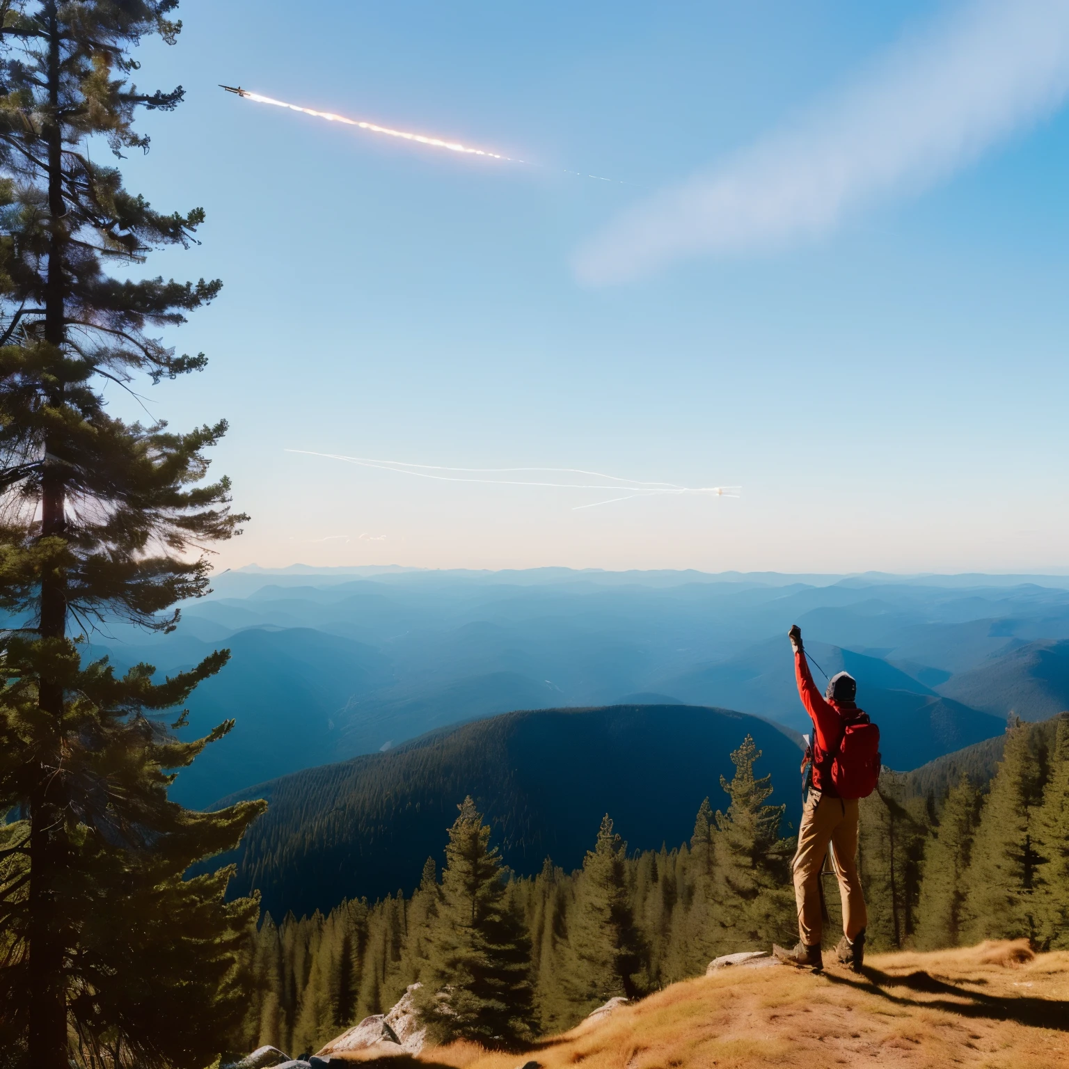 (A hiker stands atop a majestic mountain, waving a plain red flag against the crisp mountain air, as a red-colored airplane trails a contrail through the clear blue sky above. The breathtaking landscape unfolds before us, bathed in intense sunlight that highlights the grandeur and magnificence of nature. Serene atmosphere envelopes the scene as fluffy white clouds lazily drift by, casting subtle shadows over the pine trees and dense forest below. The hiker's determined and triumphant expression reflects their adventurous spirit, as they take in the breathtaking view from the sharp mountain peaks. The endless horizon stretches out before them, filled with mindful and peaceful moments.
