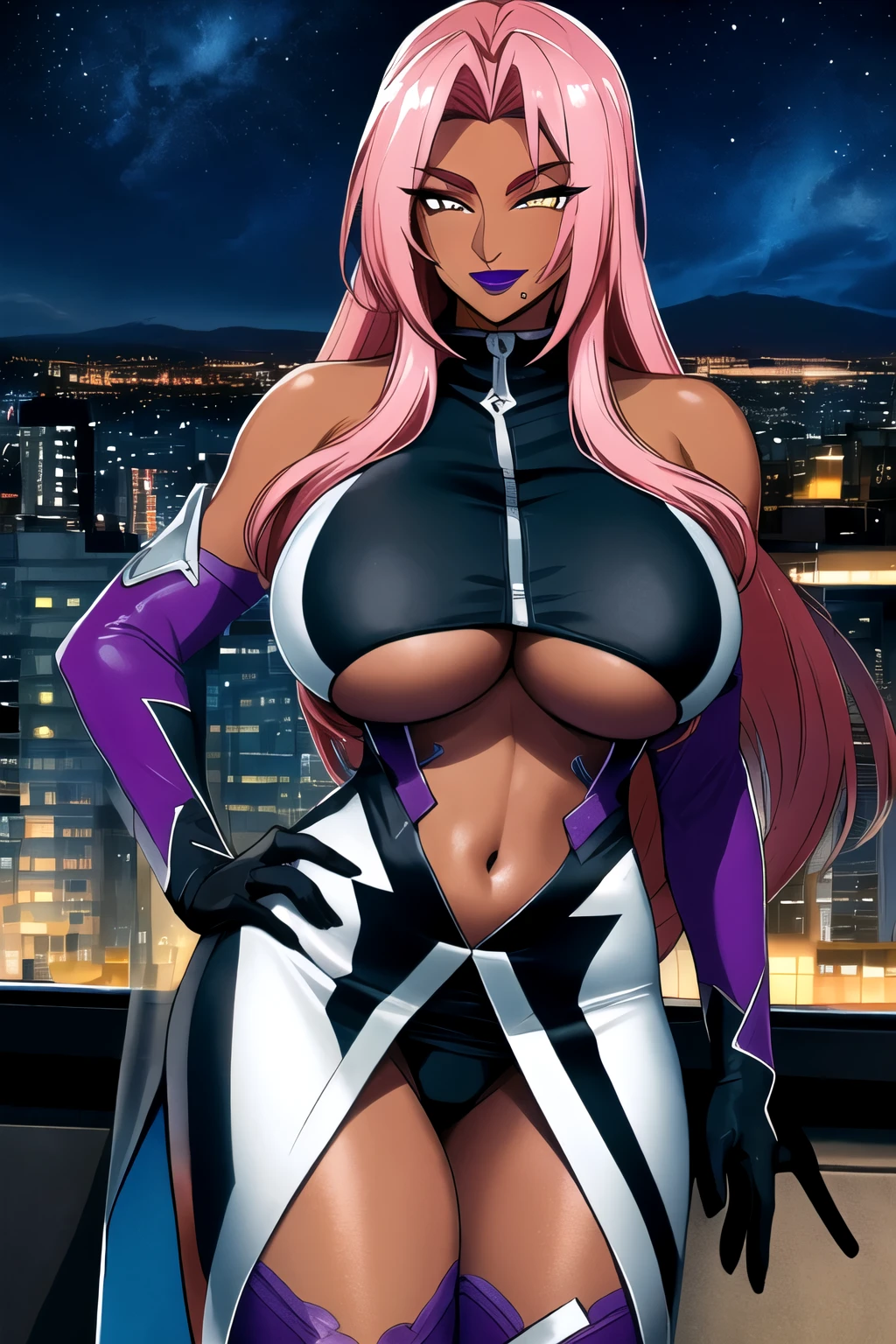 (high quality:1.1), intricate details, cinematic lighting, official art,
(Ingrid:1.1), dark-skinned female, (hand on own face:1.1), hand on hip,  cowboy shot, close-up,
determined, smirk, (looking at viewer:1.1), seductive smile,
pink hair, long hair, hair intakes, makeup, purple lips, lipstick, thick eyebrows, mole under mouth, yellow eyes,
(helloutfit:1.1), underboob, elbow gloves, thigh boots, highleg panties, bare shoulders,
curvy, midriff, gigantic breasts, areola slip, (covered nipples:1.1),
night, night sky, rooftop, skyscraper,
