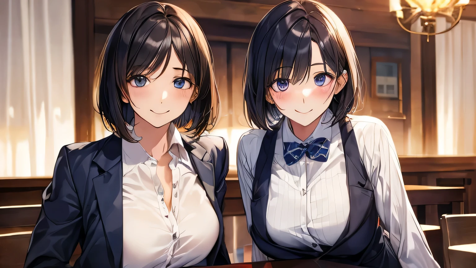 woman1名、25 years old、company employee、wearing a suit and shirt、The suit is buttoned tightly、Fashionable tavern、sitting on the seat、beer and food on the table、Adult-like, realistic face、long face、beautiful hair, shortcut、bob cut、small breasts、dark and beautiful big slanted eyes、shining eyes、OK、A big smile full of exhilaration、red face、The camera shows her from the chest up...、woman'his eyes are looking at the camera