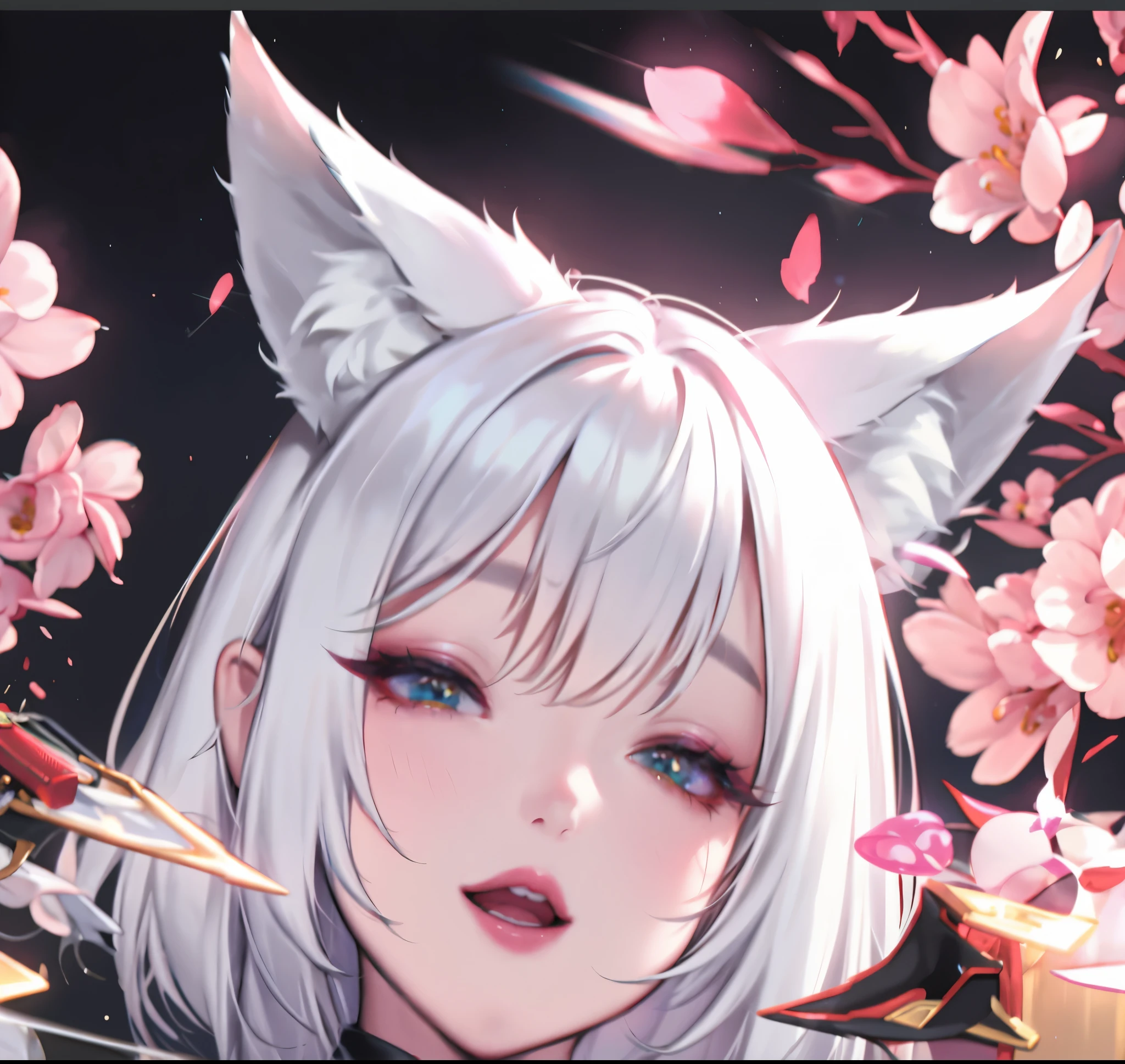 actual, , white hair, big eyes, Smile，open mouth，big breasts，glowing eyes，open lips, blush, daytime，background flowers, Orc ears，Fox fairy，Kimono decoration，sexy，exposed，charming smile，Half-dressed kimono，white fox ears，White pink fox tail，high thigh slit，，Exquisite background，Mature，red background，Warm colors，red sleeves，Bright colors，white hair，Sense of lens，The sophistication of illustration beauty，Lying in bed，Mature，Face close to the camera