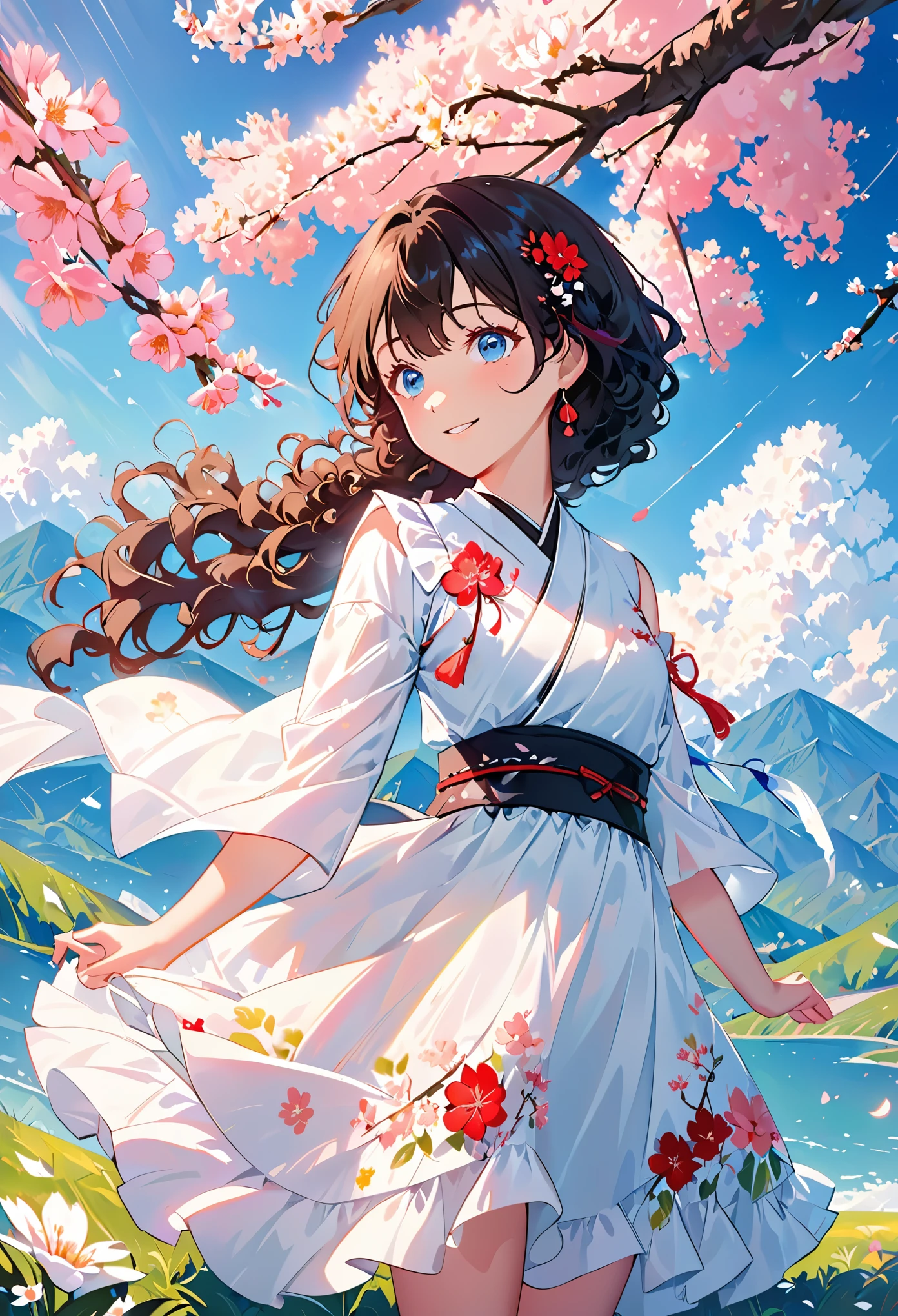 art by Cornflower, Dreamy, cherry_开flower, come down_flower瓣, flower瓣, branch, pink_flower, 1 girl,20 years old, blue_Sky, spring_(seasexist), flower瓣_exist_liquid, flower, flower见, skirt, (Lexistg blexistd curly hair：1.5),Wearing a wreexisth,Sky, Outdoor activities, cloud, Bangs, Smile, pink_Eye, White skirt with cherry blossom embellishments, only_Shoulder, earrings, Keep_flower, wind, tree, watching_exist_audience,Cowboy shooting,