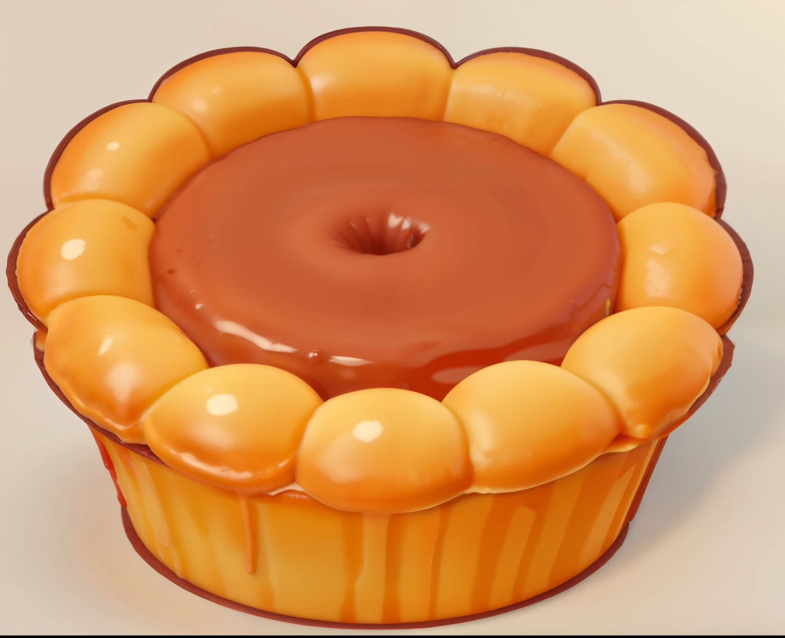 High detail CG、Super delicate、best shade：1.1）,there is a small orange cake with a brown center, pastry, flan, 3 d icon for mobile game, game icon asset, smooth shading, game icon stylized, cupcake, pork pie hat, soft shading, jelly, soft image shading, meaty, donut, one onion ring, jelly - like texture, anthropomorphic edible piechart, cake