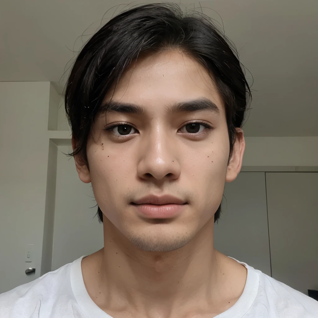 Create the face of a boy with white skin like Korean and Korean hairs but is a Indian and don't make the image of HD quality as anyone can understand that it is created by AI but it should be a boy with no Korean eyes and black hairs nice jawline savage face but like Indian and should look cute too and handsome just like 12th standard student with thin nose thin eyebrows and big eyes his skin should be very white and just follow all these features and remember the white face big eyes thin nose thin eyebrows
