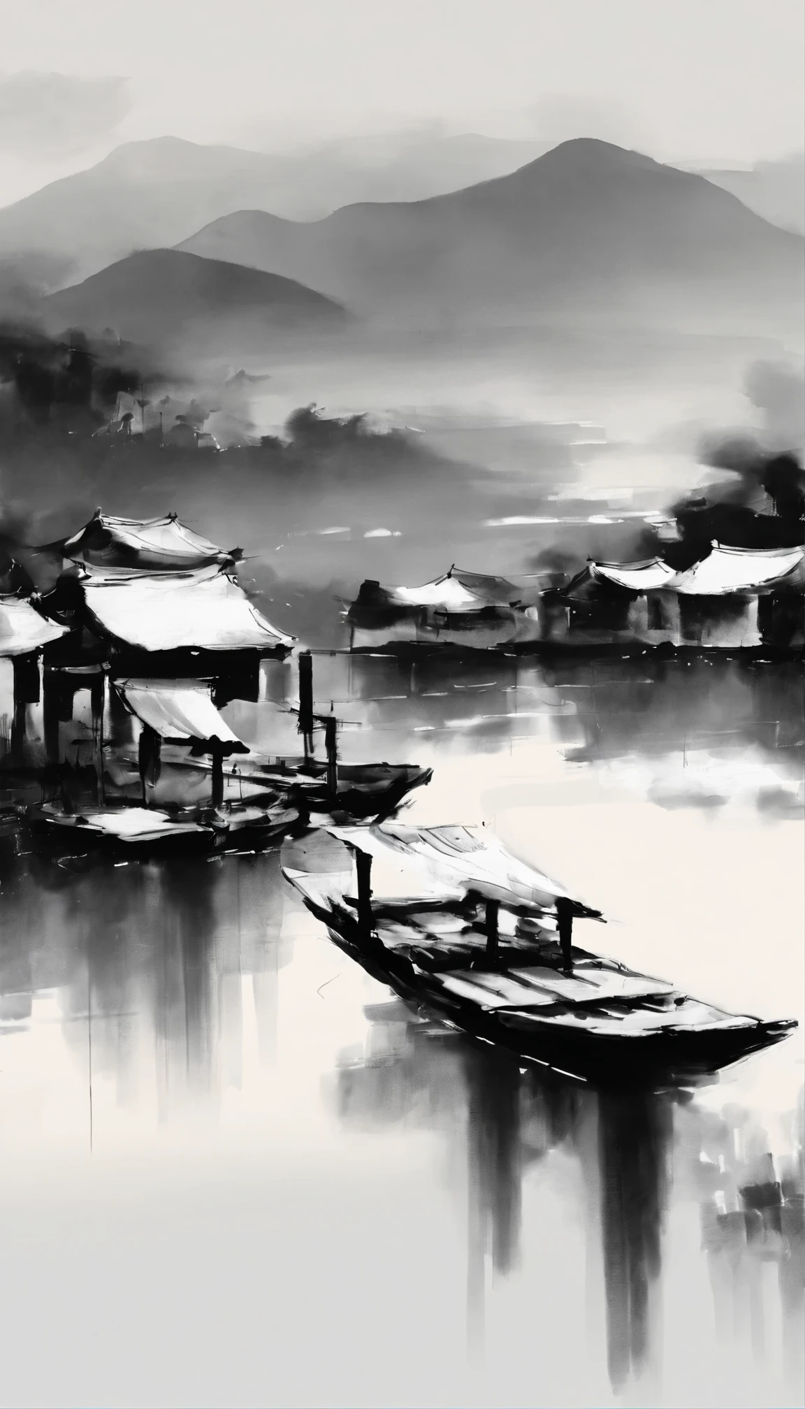 black and white tones,ink画,中国ink风格,吴冠中ink画,A combination of East and West,modern style,ink,ink,watercolor style,smudge,Jiangnan water town dwellings,black and white art,minimalist art,Wu Guanzhong style,Wu Guanzhong Art,Minimalism,8k,Super fine,Super realistic,masterpiece,masterpiece,best quality