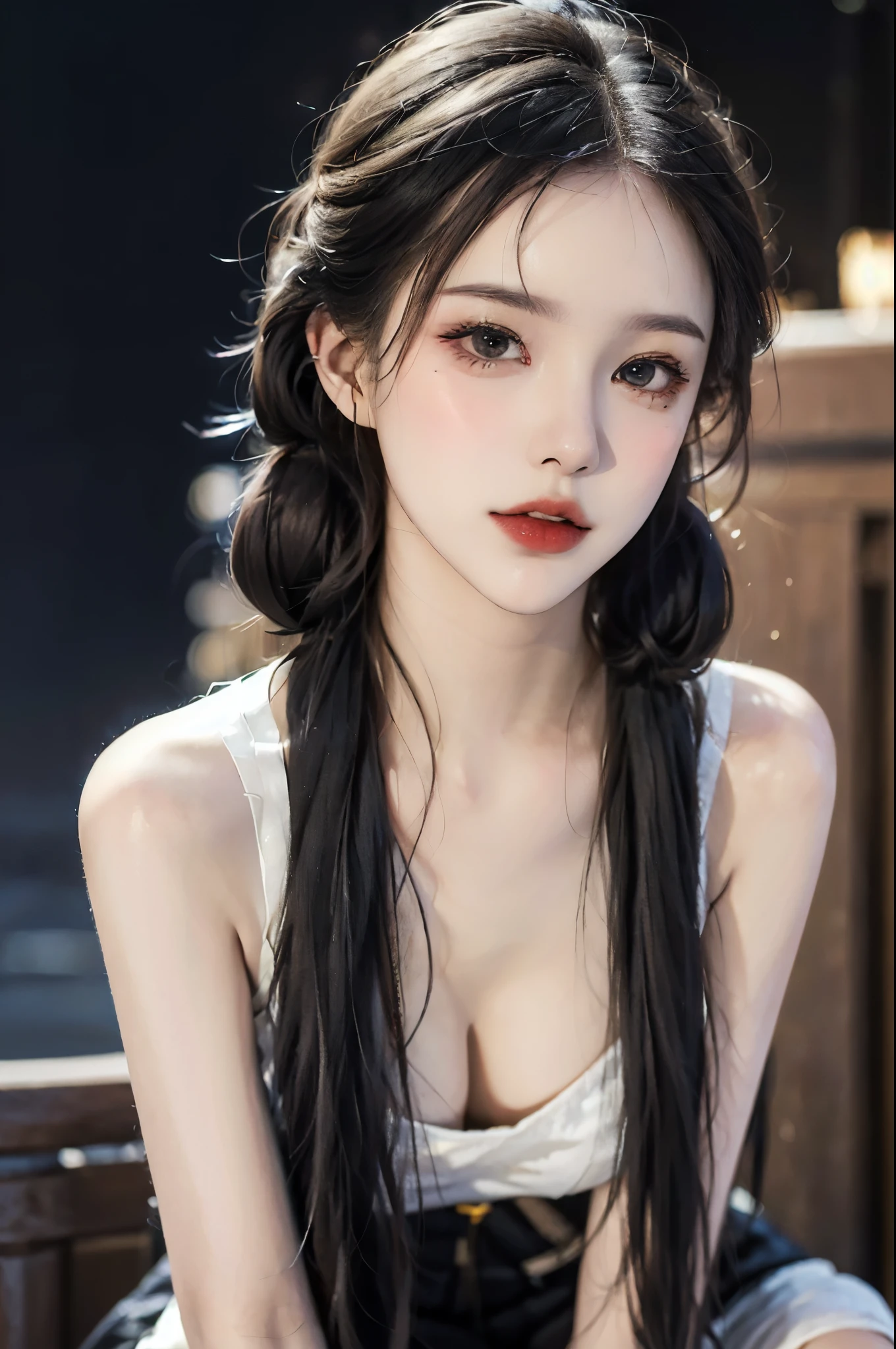 INS Girls, (Surrealism+pure), ((bare shoulders)), Exquisite and beautiful eyes, ((knee shot)), ((from below)), high contrast, HD picture quality, dynamic tilt, Flare effect, realistic details, official art, masterpiece, Unity 8k桌布, Super detailed, 美丽的masterpiece, top quality, glowing skin, movie lighting, sweet and cute, Long brownish-yellow hair, curls, warm color palette, Extremely high color saturation, night, street photography