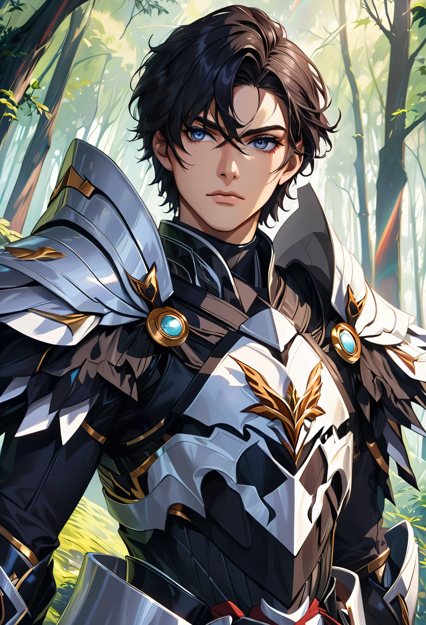 Aserafim Sakula, perfect eyes, (Surreal:1.5), (standing in the forest:1.2), (close-up photo:1.5), (Black Paladin Armor:1.2), (complex:1.2), (looking at camera:1.2), (best quality:1.2),