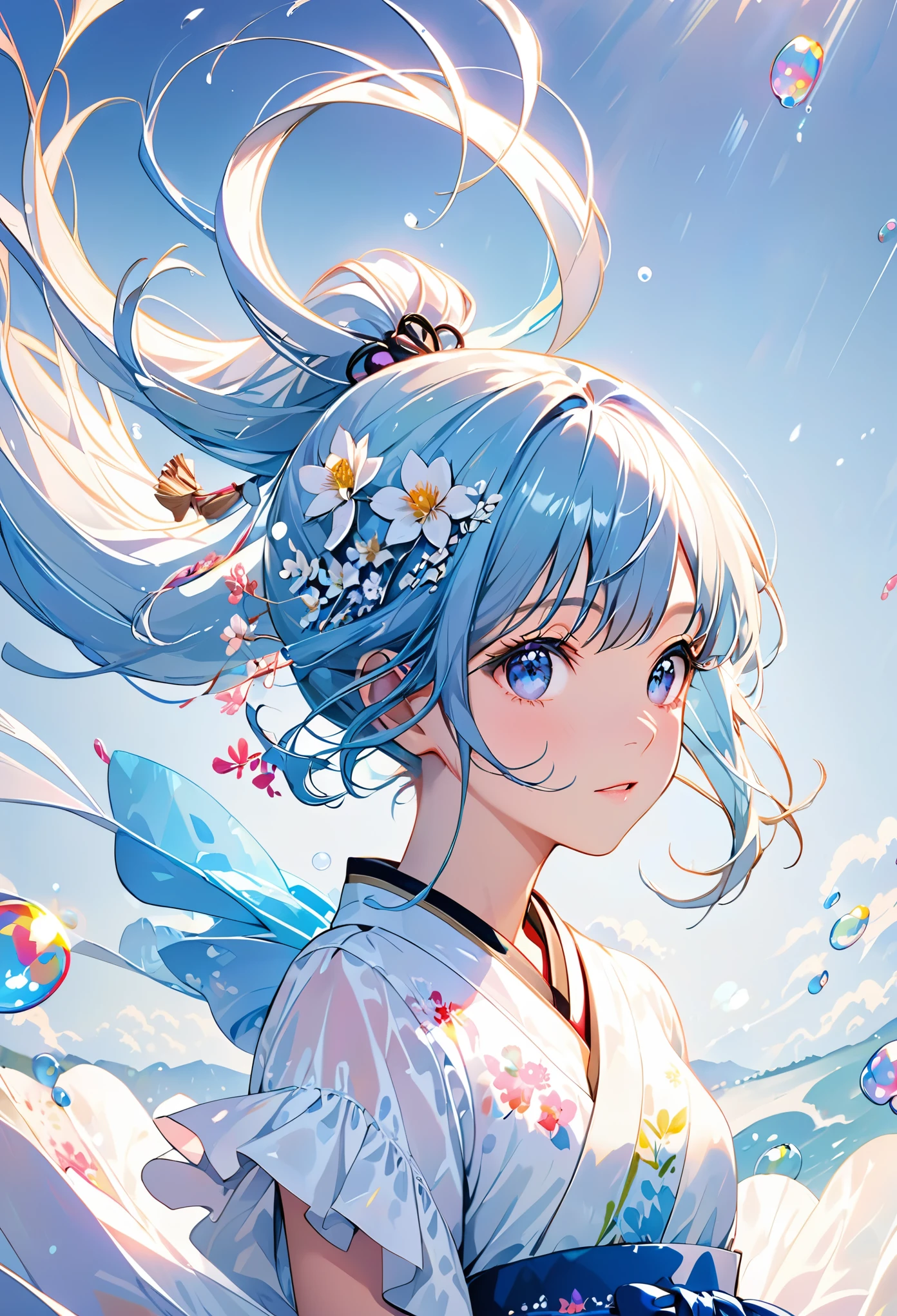(masterpiece), (best quality), (Super detailed),(disheveled hair),(illustration), (1 girl), (fashion clothing), Permanently installed, fashion model, looking at the audience, (interview), (simple background),Beautiful and delicate eyes, Exquisite and beautiful face, floating,(high saturation),(colorful splash),Colorful bubbles,(Shiny), focus on face, ponytail, Ayaka Kamisato, light blue hair, Bangs, hair ring, floating花朵, floating hair, (Shiny), best lighting, best shadow,