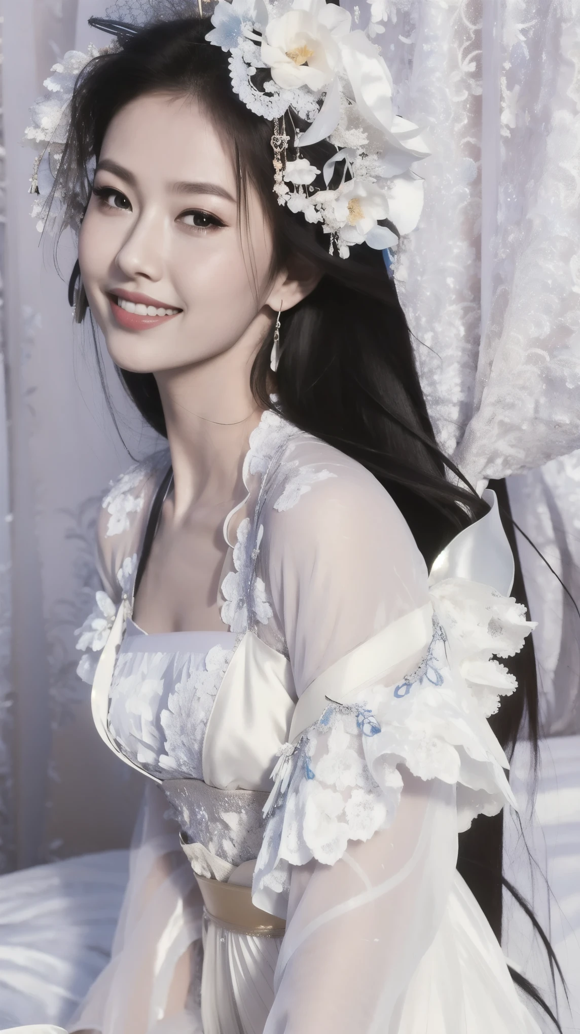 fashion model 20 years old [[[[close up]]]], [[[[neck]]]], [[[[Shoulder]]]], perfect eyes, perfect iris，perfect lips，perfect teeth，Perfect skin，White skin，Soft headlight，High Density Imaging Review，long black hair，（Face is clear and delicate），((white lace underwear))，((Sexy))，(((charming smile)))，((Half body photo))，((The background is the bedroom))，((Deluxe king bed))，best quality，masterpiece，（pastel colors：1.2）