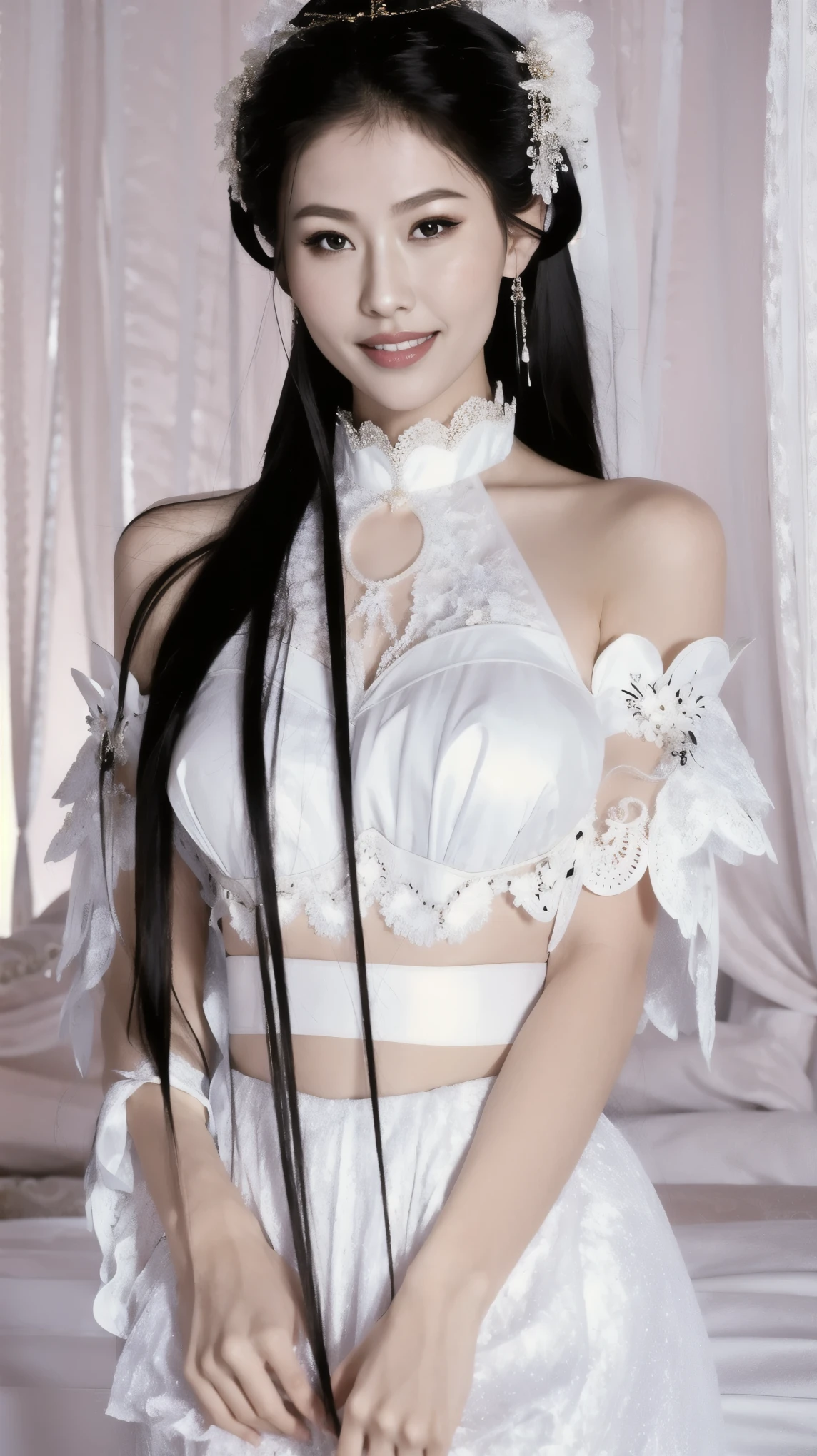 fashion model 20 years old [[[[close up]]]], [[[[neck]]]], [[[[Shoulder]]]], perfect eyes, perfect iris，perfect lips，perfect teeth，Perfect skin，White skin，Soft headlight，High Density Imaging Review，long black hair，（Face is clear and delicate），((white lace underwear))，((Sexy))，(((charming smile)))，((Half body photo))，((The background is the bedroom))，((Deluxe king bed))，best quality，masterpiece，（pastel colors：1.2）