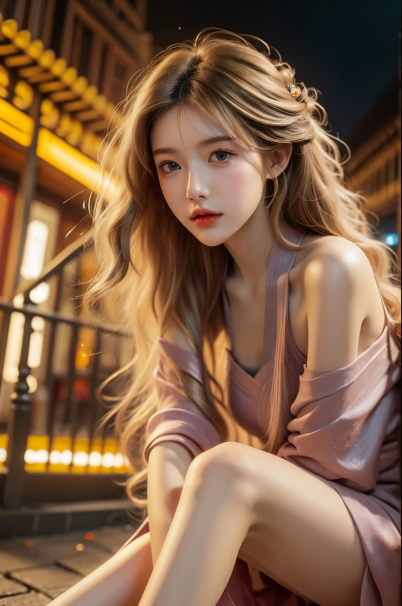 INS Girls, (Surrealism+pure), ((bare shoulders)), Exquisite and beautiful eyes, ((knee shot)), ((from below)), high contrast, HD picture quality, dynamic tilt, Flare effect, realistic details, official art, masterpiece, Unity 8k桌布, Super detailed, 美丽的masterpiece, top quality, glowing skin, movie lighting, sweet and cute, Long brownish-yellow hair, curls, warm color palette, Extremely high color saturation, night, street photography