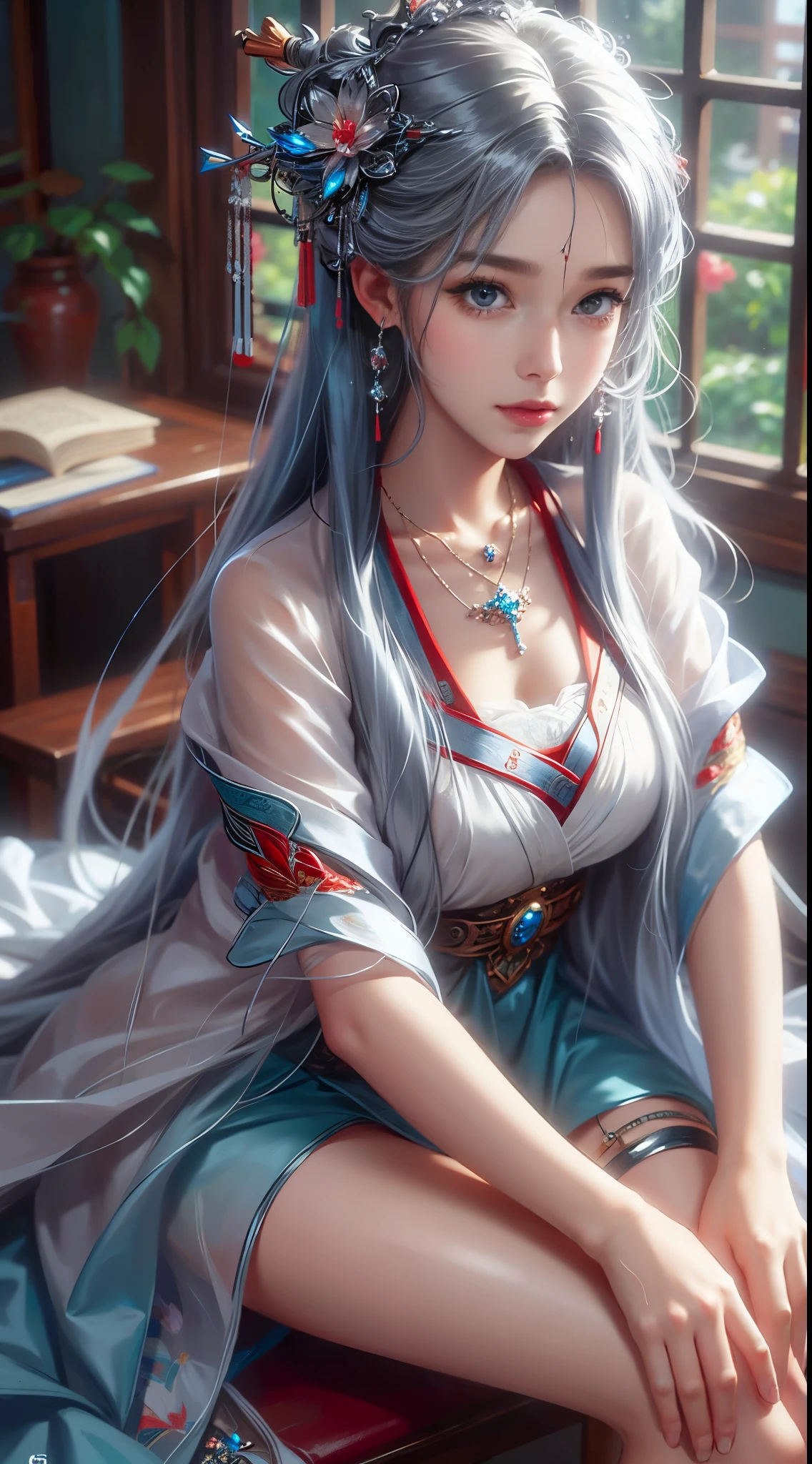 ((knee shot)), close up, in the classroom, sit on the table, ((Cross your legs)), beautiful girl college student, masterpiece, Light makeup, red lips, silver hair, messy long hair, beautiful, elegant. Ultra-fine details, masterpiece, real texture, Realistic movie lighting, perfect job, 8k, HD, Exquisite facial features, slim figure, big bright eyes, Smooth skin, earrings, necklace, tattoo
