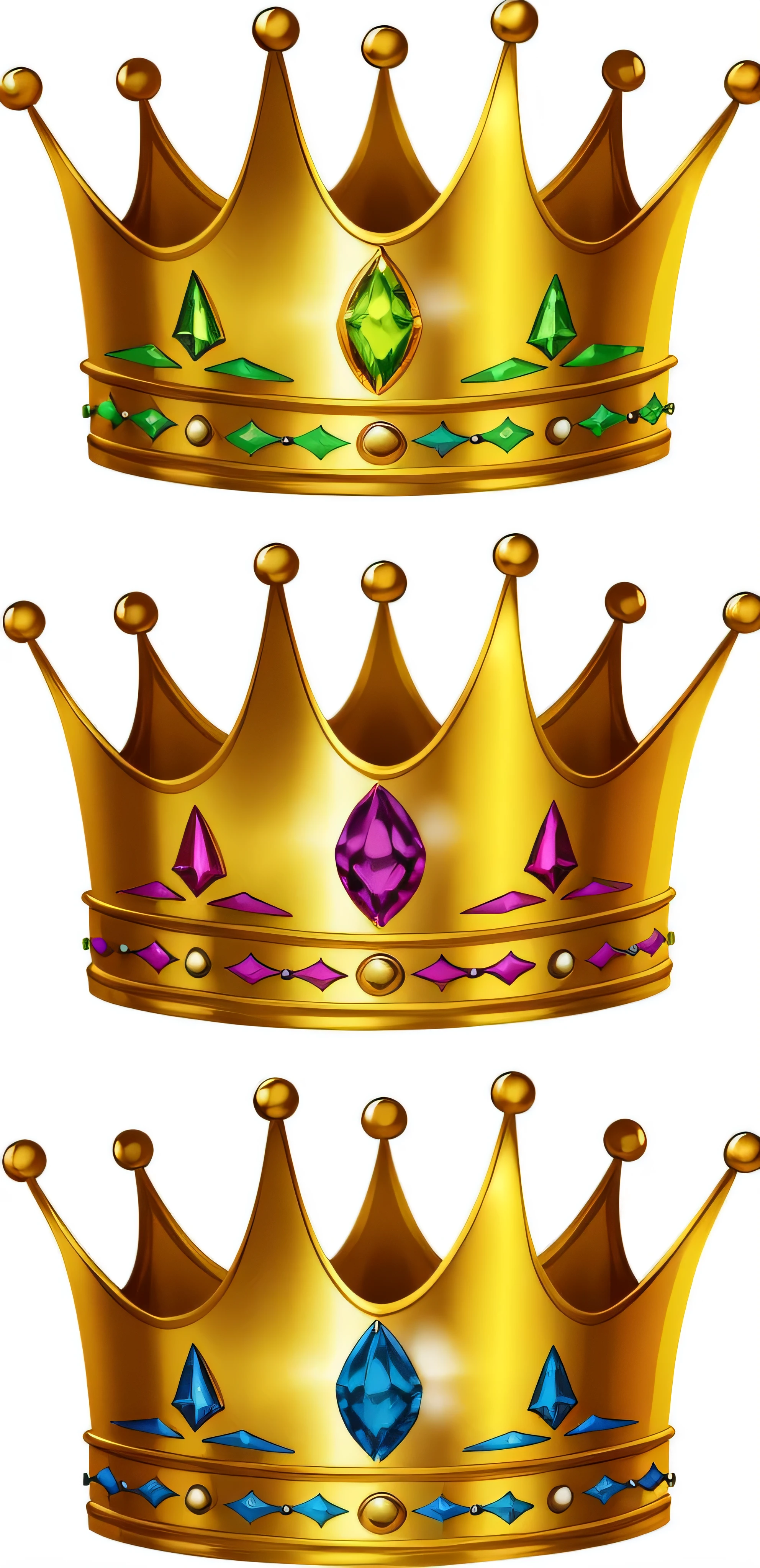 a set of three golden crowns with gems and jewels, crowns, crown, gold crown, golden crown, with crown, jewel crown, crown with pins, queen crown, royal crown, the crown is very high, ornate jeweled crown, large crown, jeweled crown, ornate gold crown, with a gold crown, wearing kings crown