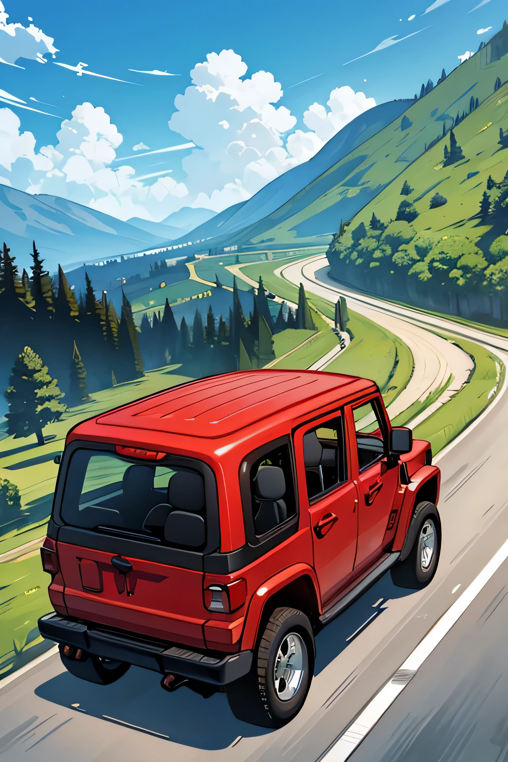 A single red jeep driving down a flat country road from a far distance