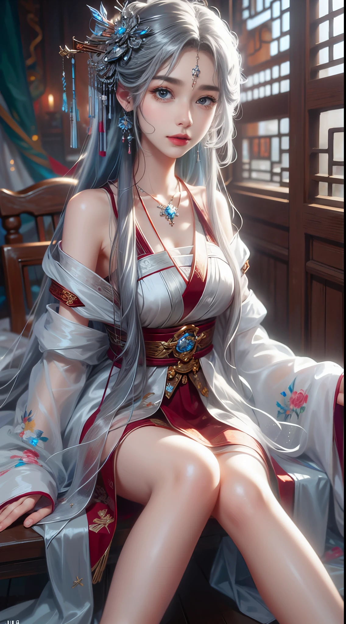 ((knee shot)), close up, in the classroom, sit on the table, ((Cross your legs)), beautiful girl college student, masterpiece, Light makeup, red lips, silver hair, messy long hair, beautiful, elegant. Ultra-fine details, masterpiece, real texture, Realistic movie lighting, perfect job, 8k, HD, Exquisite facial features, slim figure, big bright eyes, Smooth skin, earrings, necklace, tattoo