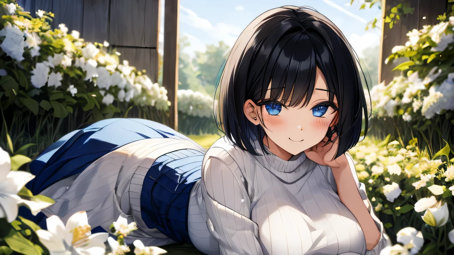 1 female、28 years old、Adult and realistic face、long face、beautiful hair, black hair、shortcut、bob cut、fine and beautiful eyes、big slanted eyes,　black eyelashes、 Are you okay、A big smile full of softness、light blue knit sweater、white long skirt、Inside the rape blossom field、sitting