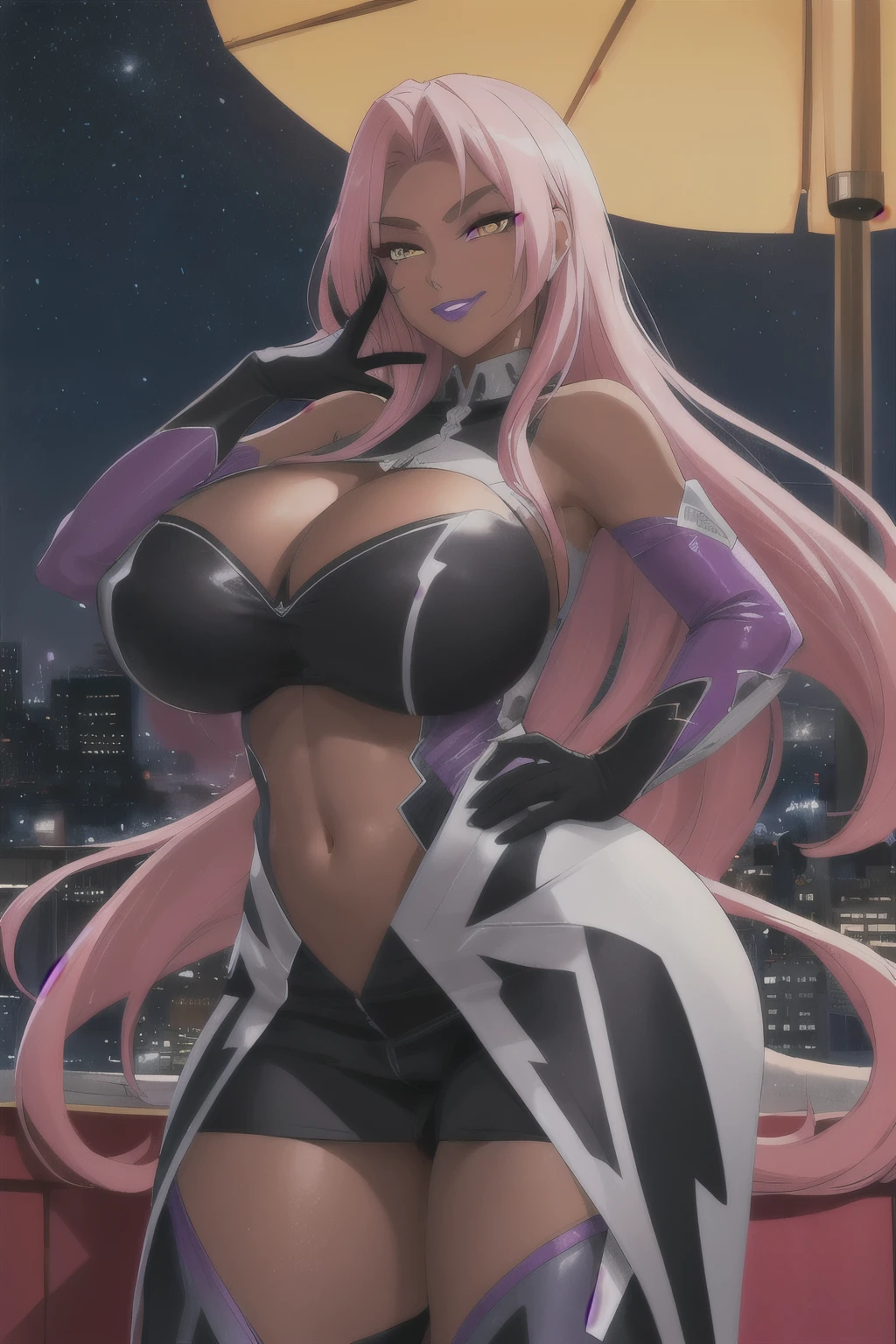 (high quality:1.1), intricate details, soft lighting, official art, anime style,
(Ingrid:1.1), dark-skinned female, (hand on own face:1.1), hand on hip, cowboy shot, close-up,
determined, smirk, (looking at viewer:1.1), seductive smile,
pink hair, long hair, hair intakes, makeup, purple lips, lipstick, thick eyebrows, mole under mouth, yellow eyes,
(helloutfit:1.1), underboob, elbow gloves, thigh boots, highleg panties, bare shoulders,
curvy, midriff, gigantic breasts, areola slip, (covered nipples:1.1),
night, night sky, rooftop, skyscraper,