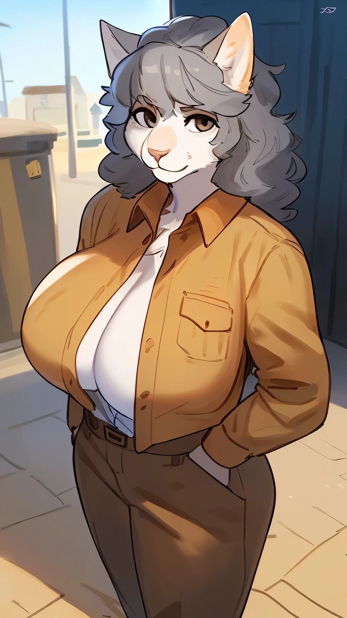 By bebebebebe, by lostgoose, by goonie-san, solo, standing, female, feline, cat, white fur with grey splotches, wavy hair, grey hair, ((snout, hair)), ((detailed eyes)), dark brown eyes, big breasts, looking at viewer, yellow button up shirt, khaki pants