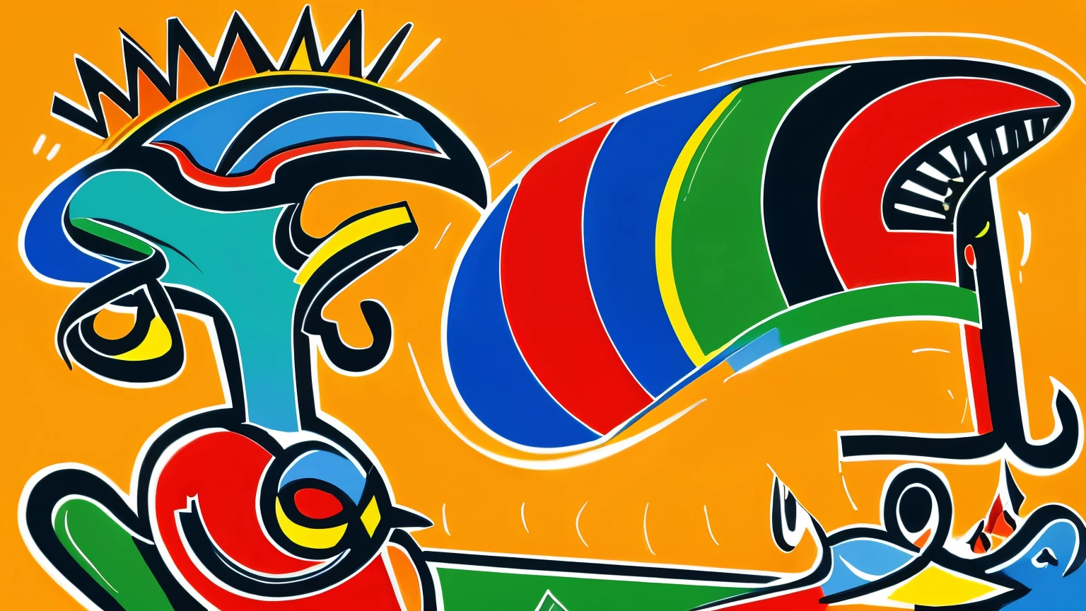 A vibrant, energetic composition filled with bold brushstrokes, scribbled lines, and bright colors characteristic of Basquiat's neo-expressionist style. The central figure is an abstract human form, with elongated limbs and a simplified facial expression conveying a sense of peaceful contemplation. The figure is surrounded by dynamic shapes and symbols that appear to represent the individual's inner thoughts and emotions flowing freely. The color palette is dominated by warm tones of yellow, orange, and red, creating an uplifting and positive mood. The background incorporates Basquiat's trademark crown and word-like motifs, albeit without any legible text. The overall image should capture the feeling of a person embracing their authentic self and inner voice during personal, quality time.